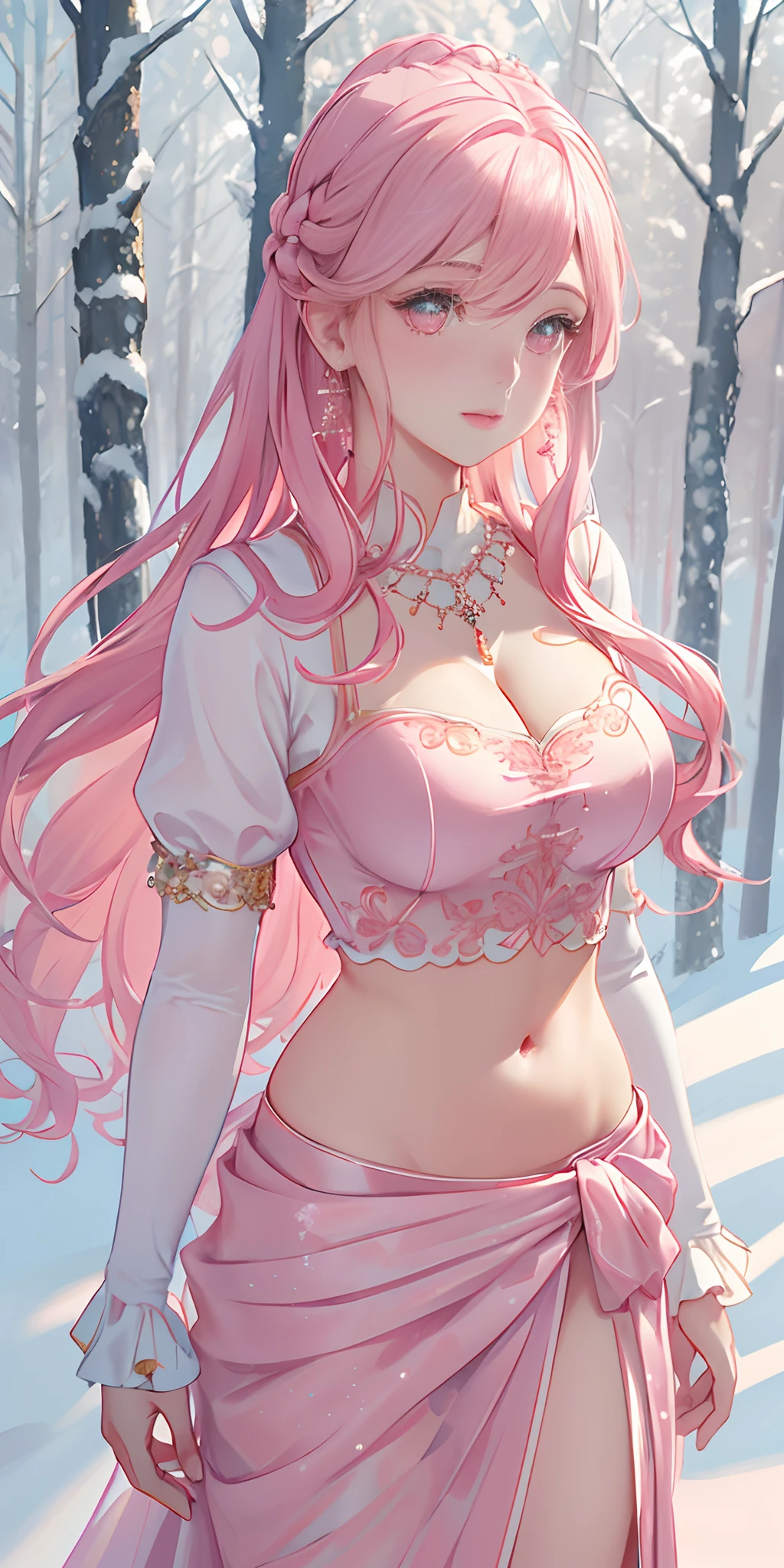rosy pink color, snow forest as background, fashion model posing, (photorealistic:1.4), (masterpiece, front lighting, finely detailed beautiful eyes: 1.2), masterpiece*portrait, realistic, 3d face, glowing eyes, shiny hair, lustrous skin, solo, embarrassed, (midriff), absolute_cleavage, necklace, sapphire_earrings