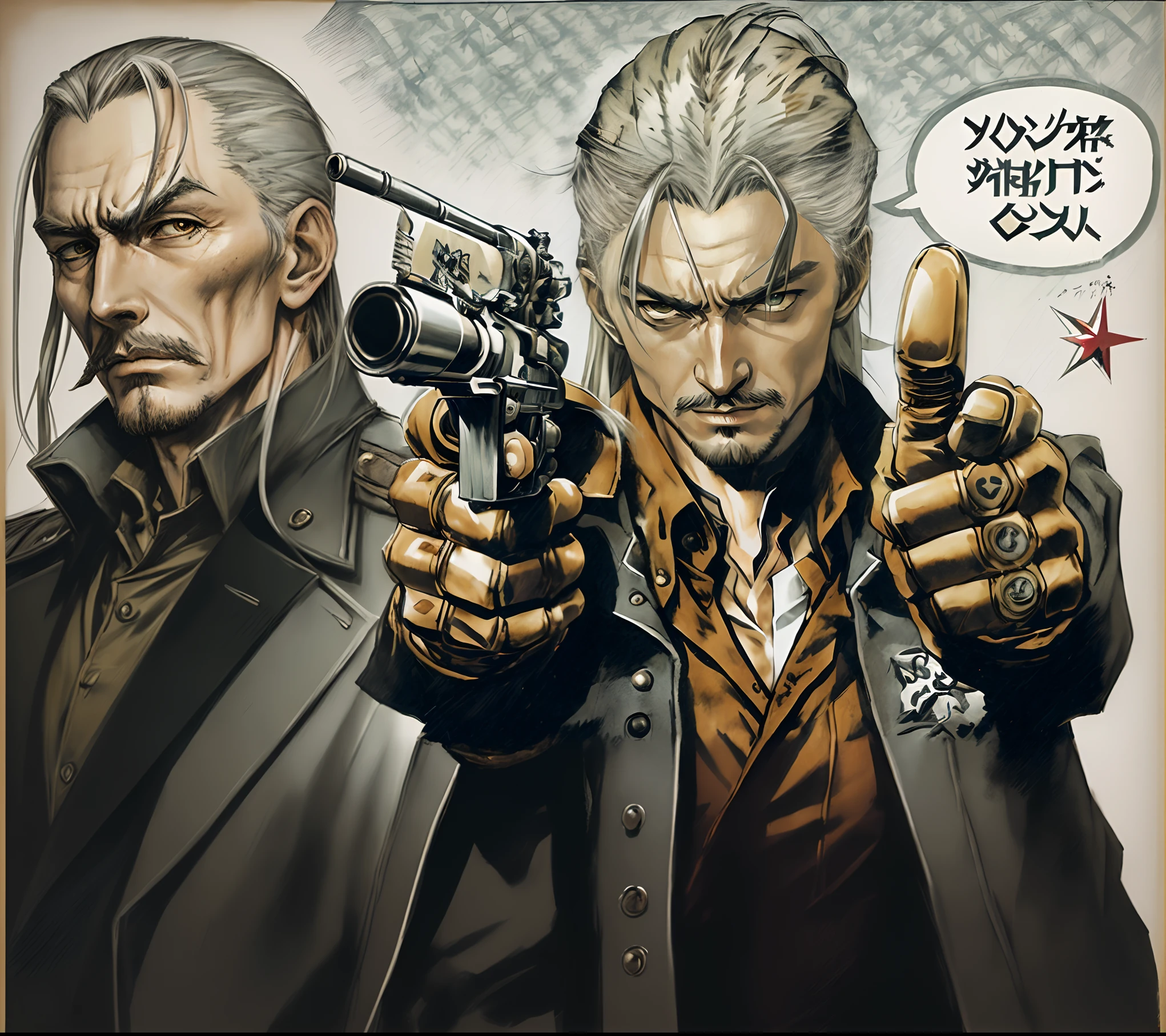 Revolver ocelot , Shalashaska, Style anime mature seinen épique masterpiece by takehiko inoue, detailed illustration.