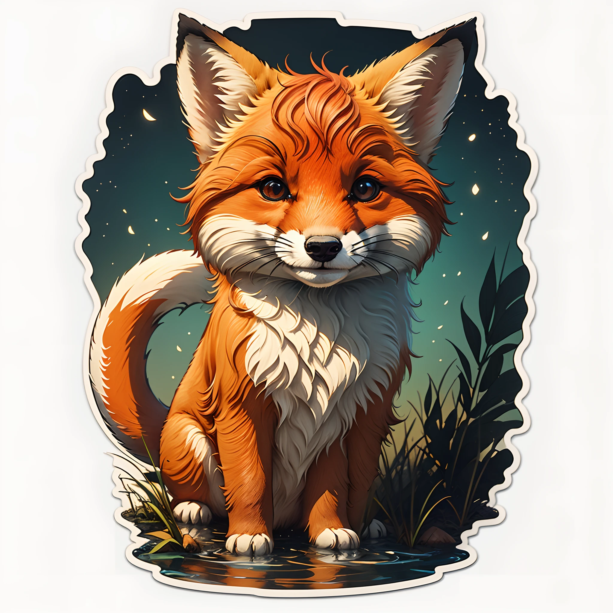 STICKER design of a vivid fox head, flores de fantasia splash, design de camiseta vintage, tshirt design, no estilo do Studio Ghibli, branco e laranja flora pastel cores tetradic, arte vetorial 3D, bonito e peculiar, Arte de Fantasia, efeito aquarela, Adobe Illustrator, Pintura digital, baixo-poli, soft lighting, scenic view, isometric style, retro aesthetics, focado na raposa personagem, 4k resolution, Photorealistic rendering, usando o Cinema 4D