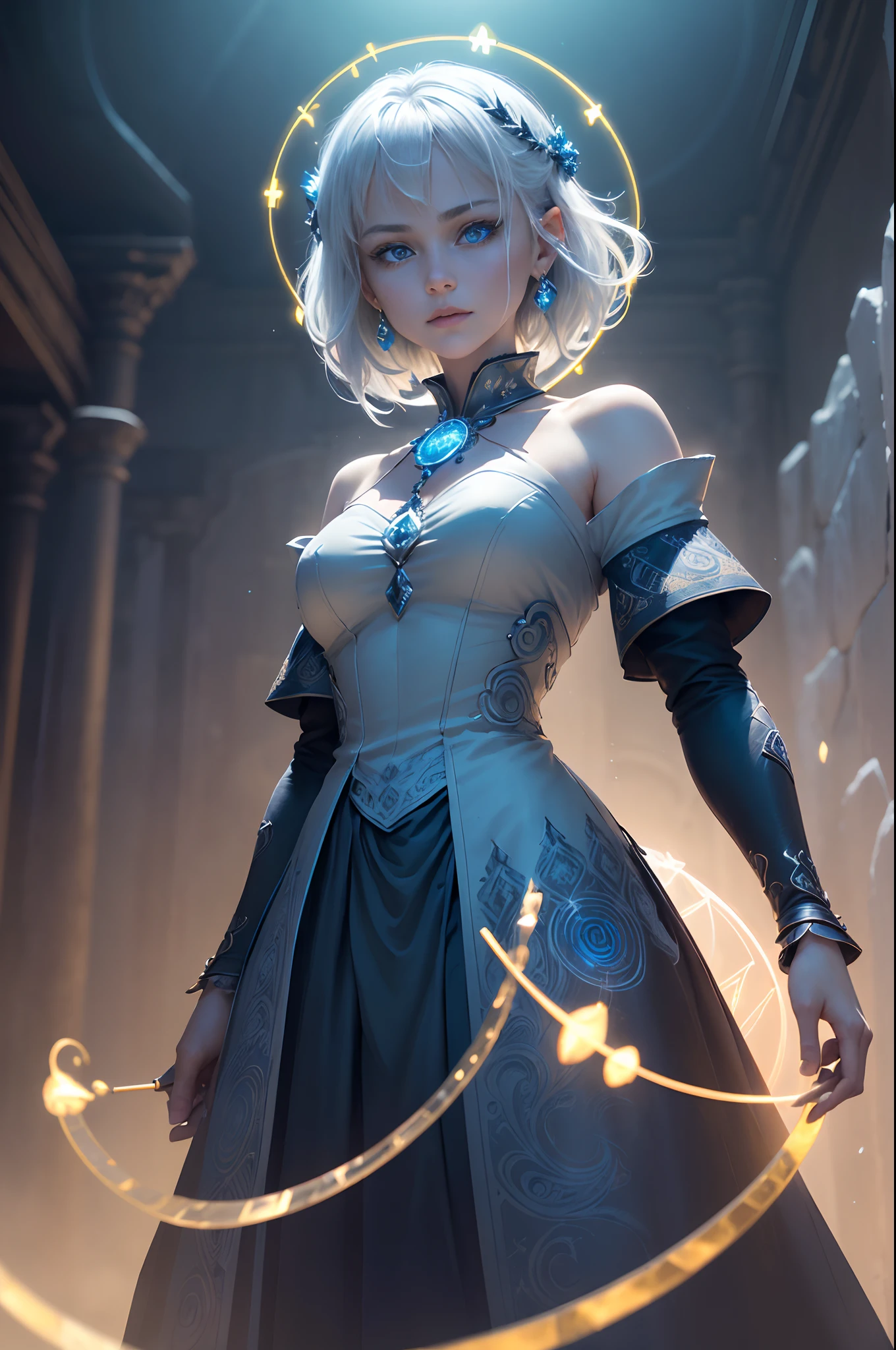 (number々Award-winning masterpieces of, with incredible detail, textures and maximum detail), (Hyper realistic:1.4), (Realistic:1.3), (Top quality real texture skins), (Fine perfectly symmetrical eyes), finerly detailed face, ((medieval world)), (full-length portrait:1.5), ((The Lord's Ice Devil)), ((The Lord's Frozen Frigid Devil)), (Brighten and burn your eyes like ice), (She has a mischievous smile on her face), (Eyes glowing blue in the dark:1.5), (A pair of ice blue eyes emitting a strong blue light from the inside:1.5), (full-body standing image:1.5), bio luminescent, (Swirling ice and strong wind on background), (Dramatic light), (A majestic sight), (Her countenance is gentle and beautiful, however、Somehow horrible), Glass earrings on the ears, (dramatic photography:1.4), ((dramatic pose)), (flamboyant photo), (Golden hair), (Silver hair), (Chestnut hair), short cut hair, ((looks up)), ((Looking down)), (Around her neck is a simple necklace of exquisite workmanship), (Bioluminescence with brilliant brilliance:1.3), (Use fancy ice magic:1.2), (Swirling ice and snow), The Great Temple of the Devil, The Devil's Grand Shrine, great temple, great cathedral, temple ruins, detached temple, (Luminous magic circle:1.5), Ruins of an ancient castle, Shining majestic cloud masses and sky, lightning bolt, Epic Realistic, Faded, Art Book, (Greg Rutkowski:0.8), (teal and orange:0.4), (Art Station:1.5), Cinematic, ((Neutral colors)), (nffsw:1.5), (Muted colors:1.2), Hyper Detailed, Dramatic light, (Intricate details:1.1), Complex background,