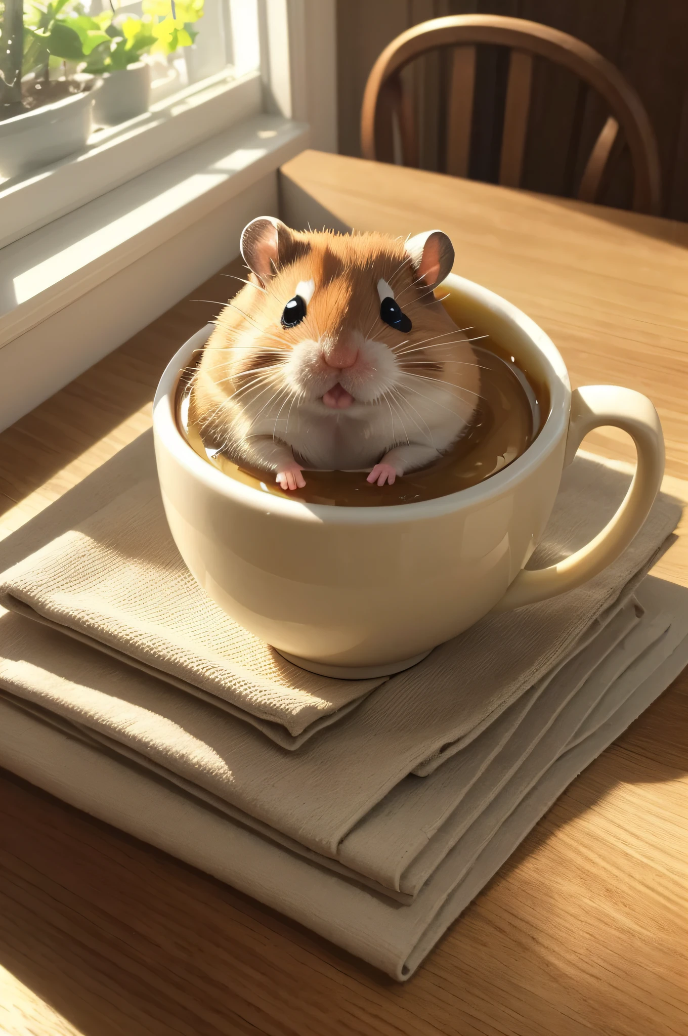 (masterpiece), (best quality:1.4), 1 hamster, in a cup, on the table, inside the house, sunshine, cute, adorable, (realistic, photorealistic: 1.48),