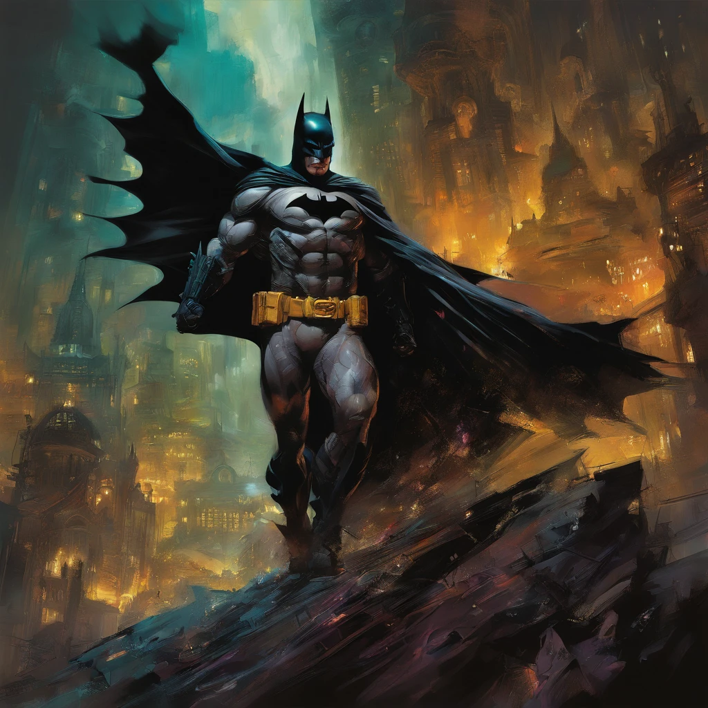 Batman debout , Portrait de Batman, Style de peinture de James Gurney, Portrait de Batman, Ordonnance, Par Craig Mullins, Lighting spotted by Craig Mullins, par Brian Thomas, par James Ryman, inspired by Jim Lee, par James Gurney, par Dave Dorman, Portrait Batman Ancienne Bible, par Chris Moore, par Robert Peak
