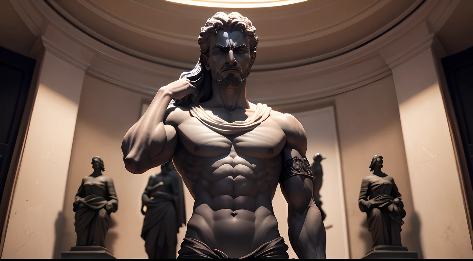 Stoic statue, with an expression of anger, usando manto e tunica longo sobre todo o corpo, Noite escura, ao ceu aberto, 35 mm, lateralmente, Filmado em Sony A7S III com Sony FE 35mm f/1.8, 12.1 MP, --AR 3:2 --estilo cru