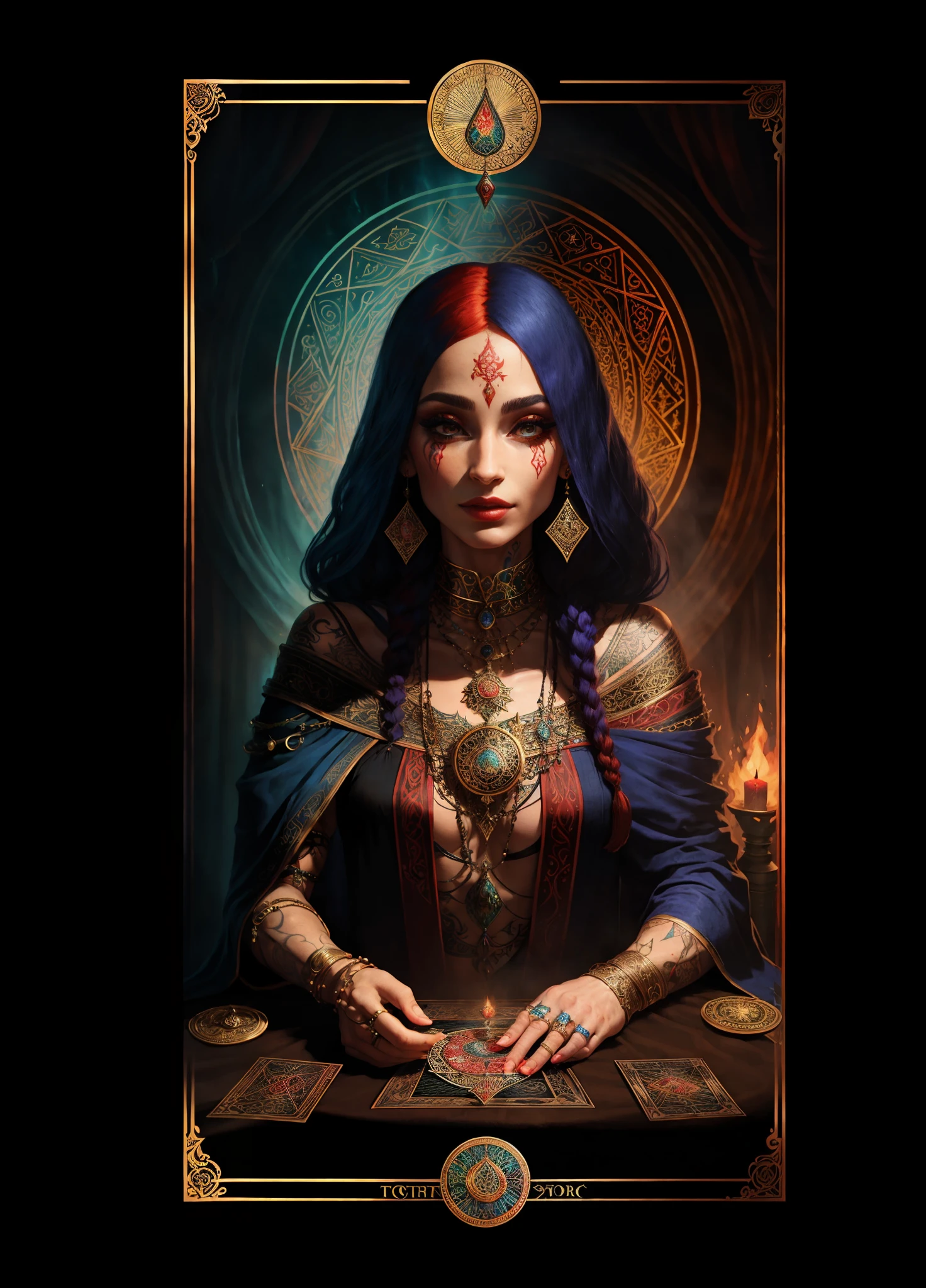 extremely detailed+ultra-realistic) esoteric+gypsy sorceress casting the tarot cards red hair tattoos