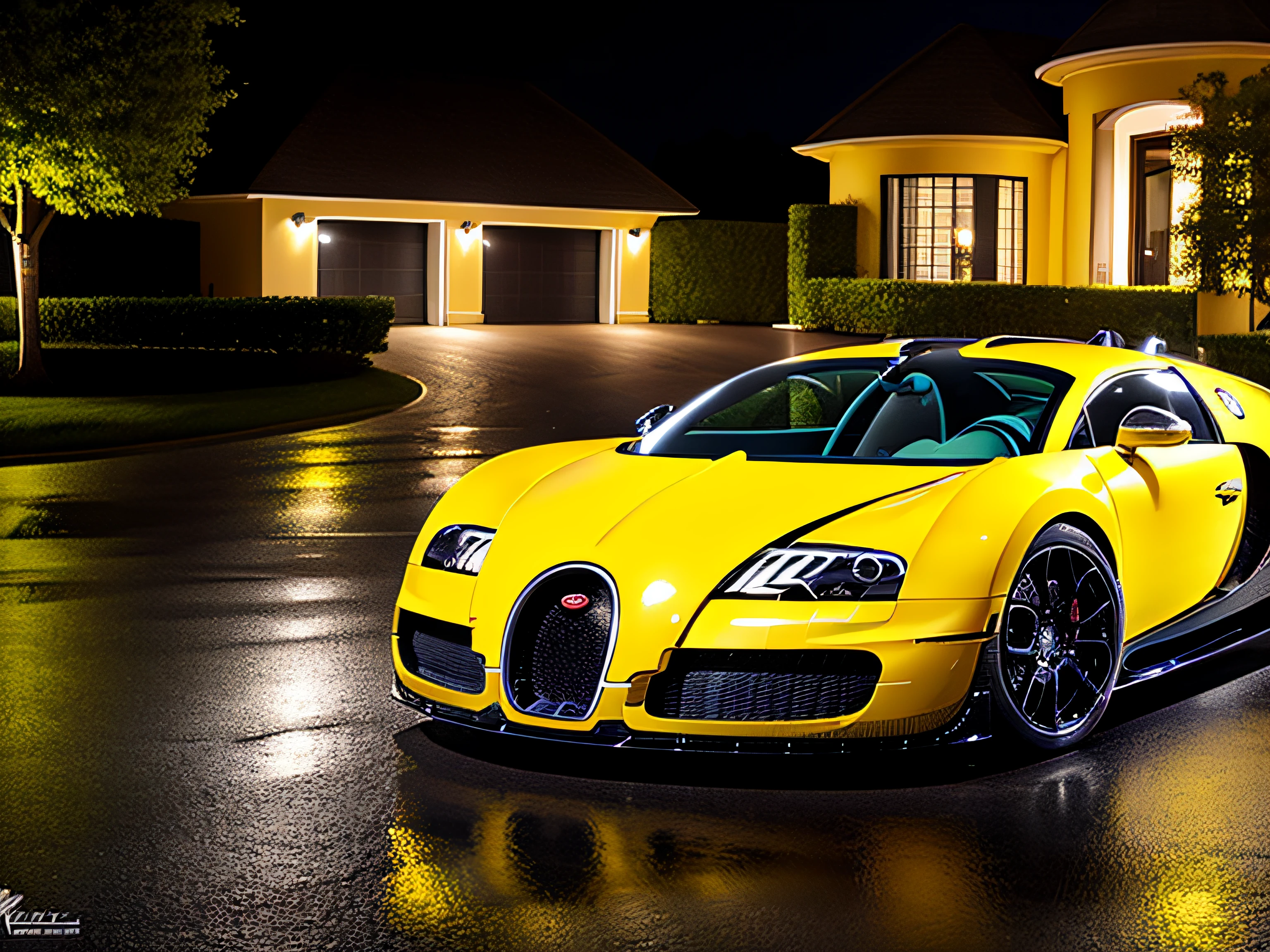 yellow and black bugatti Veyron in a modern mansions driveway at night while its raining