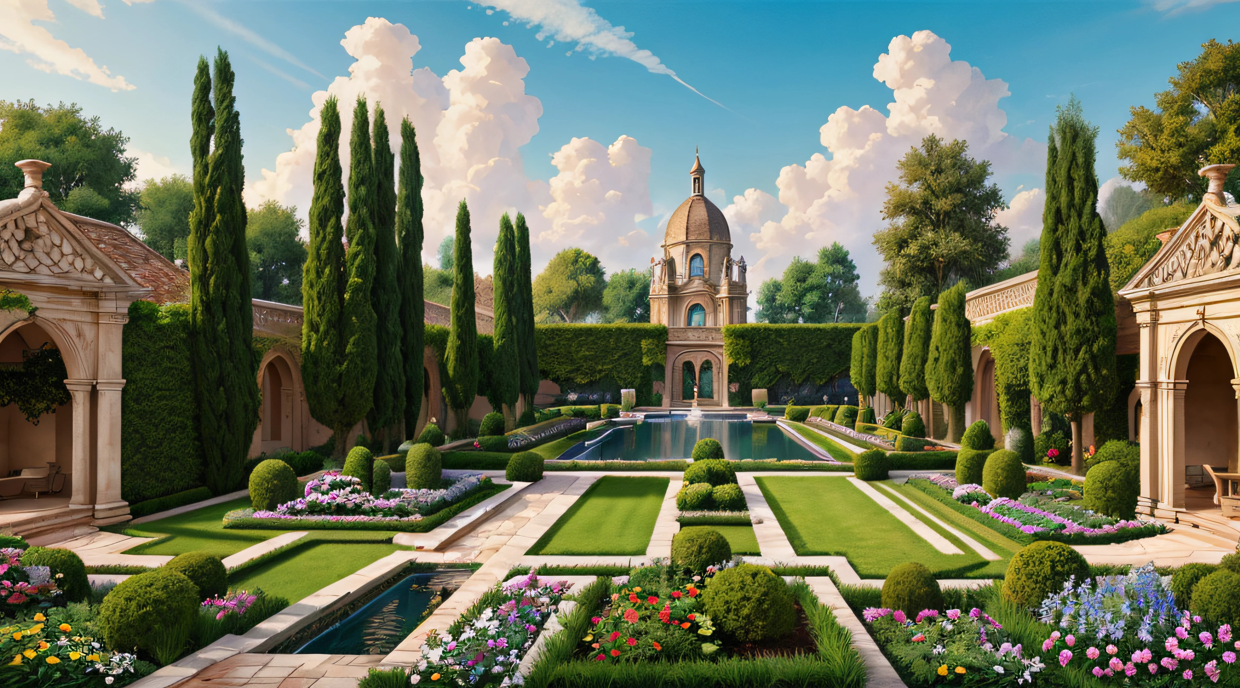 (masterpiece) Fresco painting, Garden of heavens, A scene depicting beautiful gardens, beautiful renaissance architecture, water features, manicured flowerbeds and neatly trimmed hedges looking out to a blue sky. Nature is all around, and the light is crisp and clear, 8K.