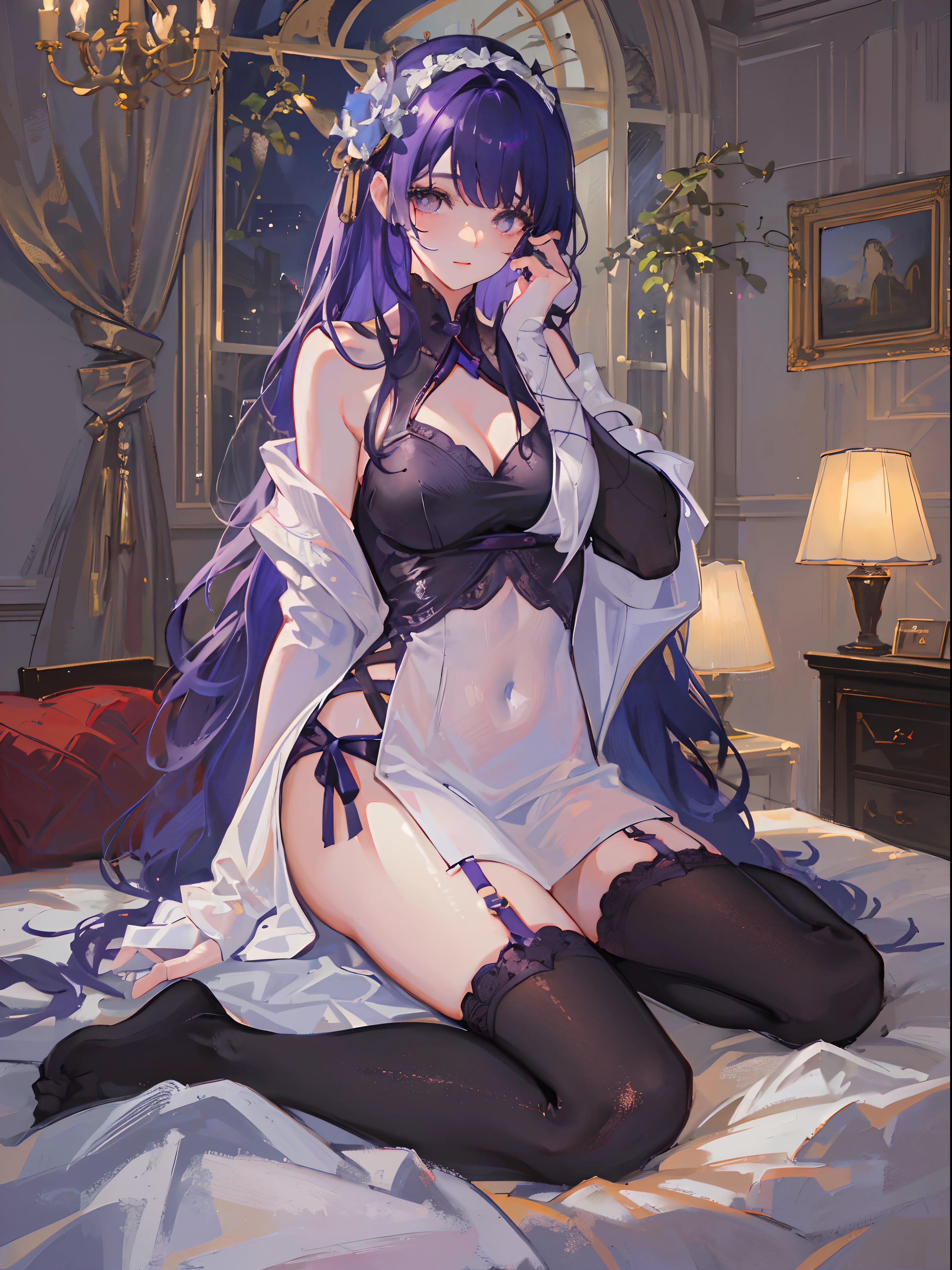 ((beautiful lighting, Best quality, 8K, Masterpiece: 1.3)), 1girl, Perfect body beauty: 1.4, Slim abs: 1.1, ((purple hair)), (White dress: 1.4), (Indoor , night: 1.1), (bed), Super Fine Face, Fine Eyes, Glasses, naughty look, (Over the knee black stockings: 1.5)