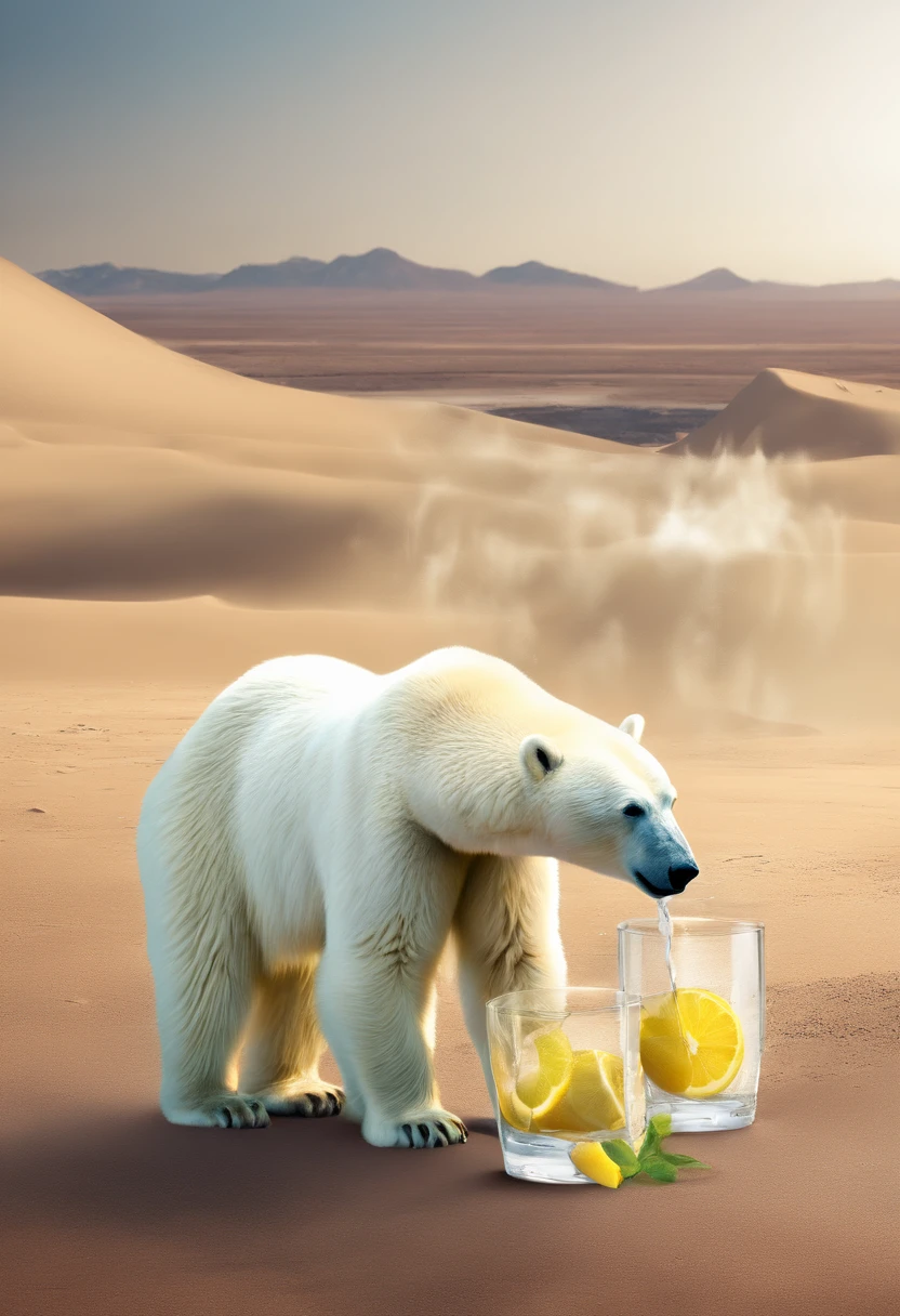 A polar bear drinking glass of water with ice and lemon in a desert