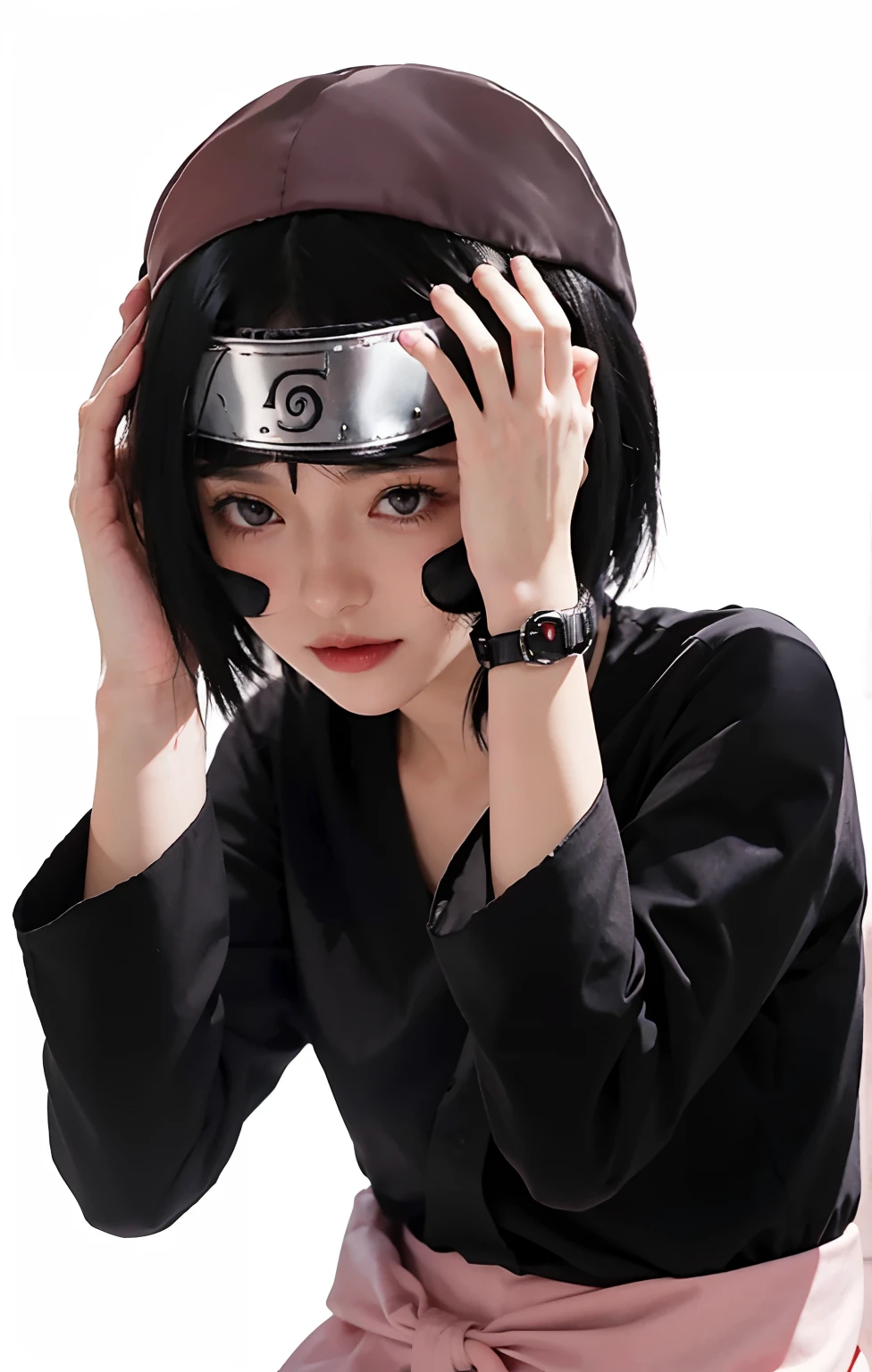 a close up of a person with a hat on holding a cell phone, itachi uchiha, itachi, hinata hyuga, itatchi uchiha, hinata hyuga from naruto, sasuke uchiha, akatsuki akira, anime style”, from naruto, fubuki, haruno sakura, sakura haruno, sakimi chan