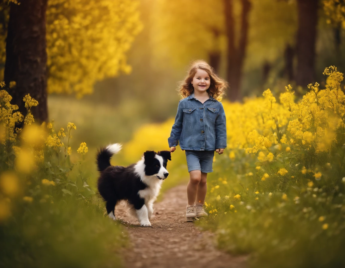 A very charming  girl with her cute border collie puppy enjoying a lovely spring walk surrounded by beautiful yellow flowers and nature. The photograph is a high definition photograph in 16K resolution with highly detailed 16K facial features, realistic