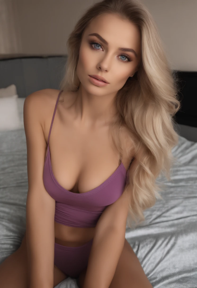 Woman with matching tank top and panties, Sexy girl with blue eyes, portrait sophie mudd, portrait corinna kopf, blonde hair and large eyes, Selfie einer jungen Frau, Augen im club Violet Myers, ohne Make-up, Natural makeup, Blick direkt in die Kamera, Gesicht mit Artgram, dezentes Make-up, Stunning full body shot, im Schlafzimmer, Spaltung