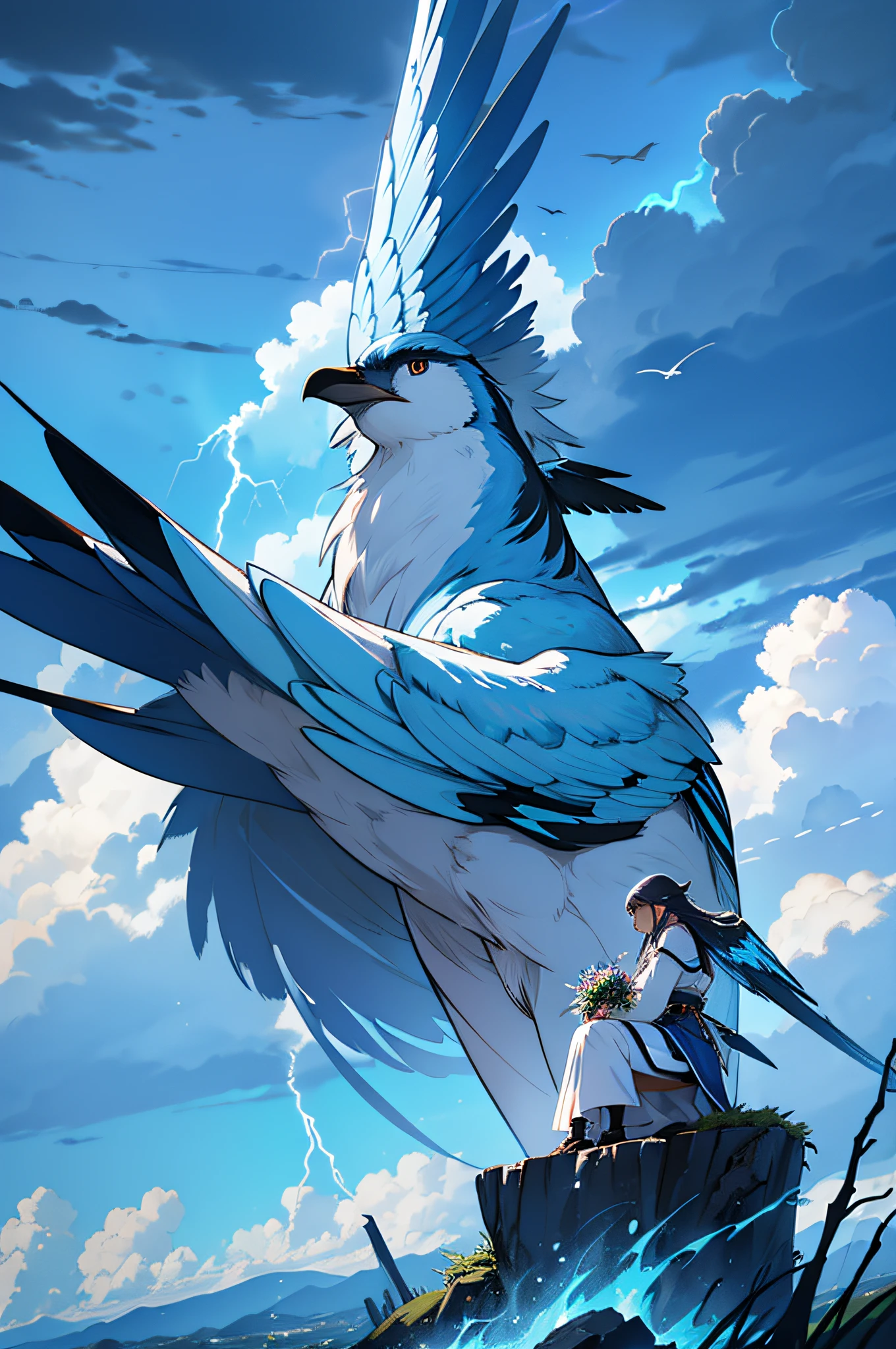 masterpiece, best quality, thunder bird, lightning bird, stormy sky, lighning, blue and white colors, beautiful scenery