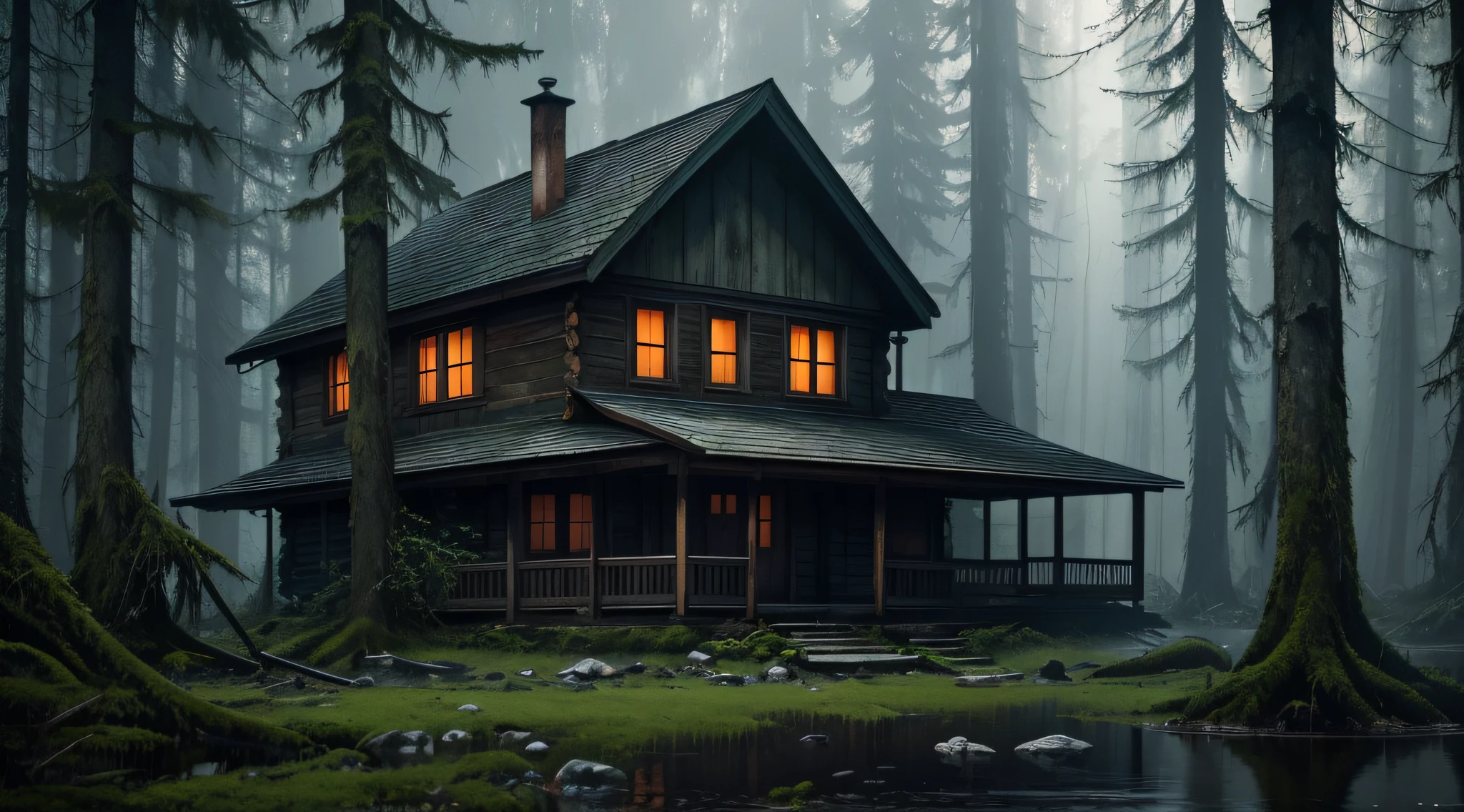 horror mood, dense forest, an old lakeside cabin, moss on the walls, gloomy night, realistic, abandoned, octane render, 8K, hyper realistic , poster style, hyper realistic acrylic painting, fibonacci, insane, intricate, highly detailed, digital painting, artstation, concept art, smooth, sharp focus, unreal engine 5