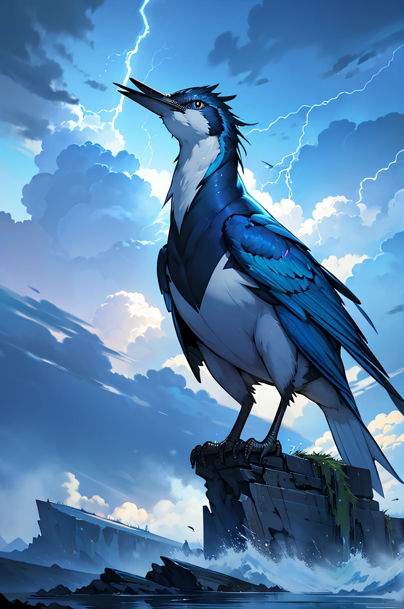 masterpiece, best quality, thunder bird, lightning bird, stormy sky, lighning, blue and white colors, beautiful scenery