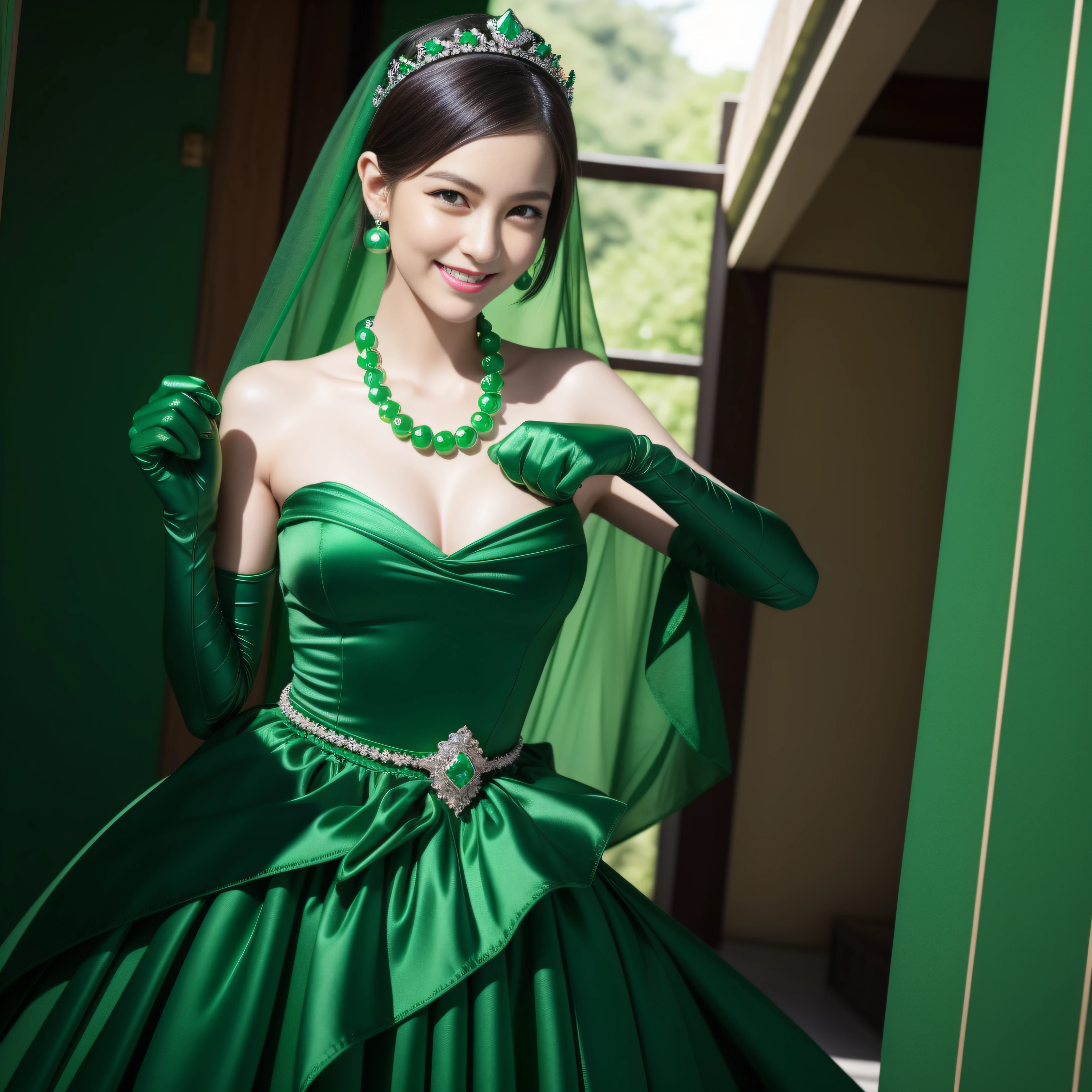 emerald tiara, Green Pearl Necklace, Boyish very short green hair, lipsticks, Japan woman smiling, very short short hair, fist, big breasts beautiful, Green eyes, Long green gloves made of satin material, Green eyes, Emerald Earrings