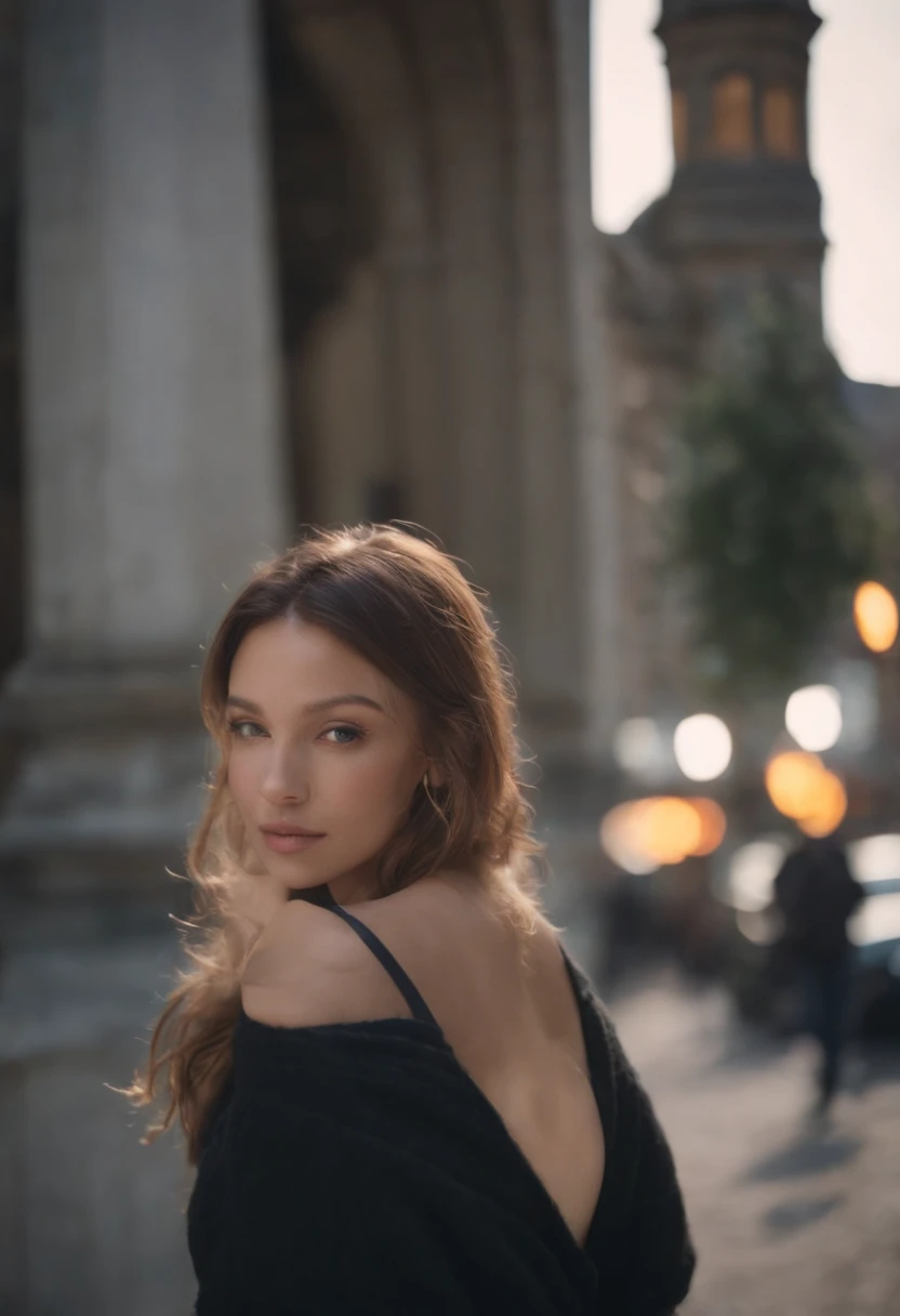 femme jeune, type hispanic, cheveux longs et fluides, Photo taken slightly from afar, Realstic, in a bustling city, cinematography, Photographie prise avec Arri, Photographie prise avec Canon, Photographie prise avec Fuji, Photographie prise avec Kodak, incredibly high detailed, re sharpness, specifics, professional lighting, film lighting, 35 mm, anamorphique, Lightroom, Film tography., qui regarde au loin