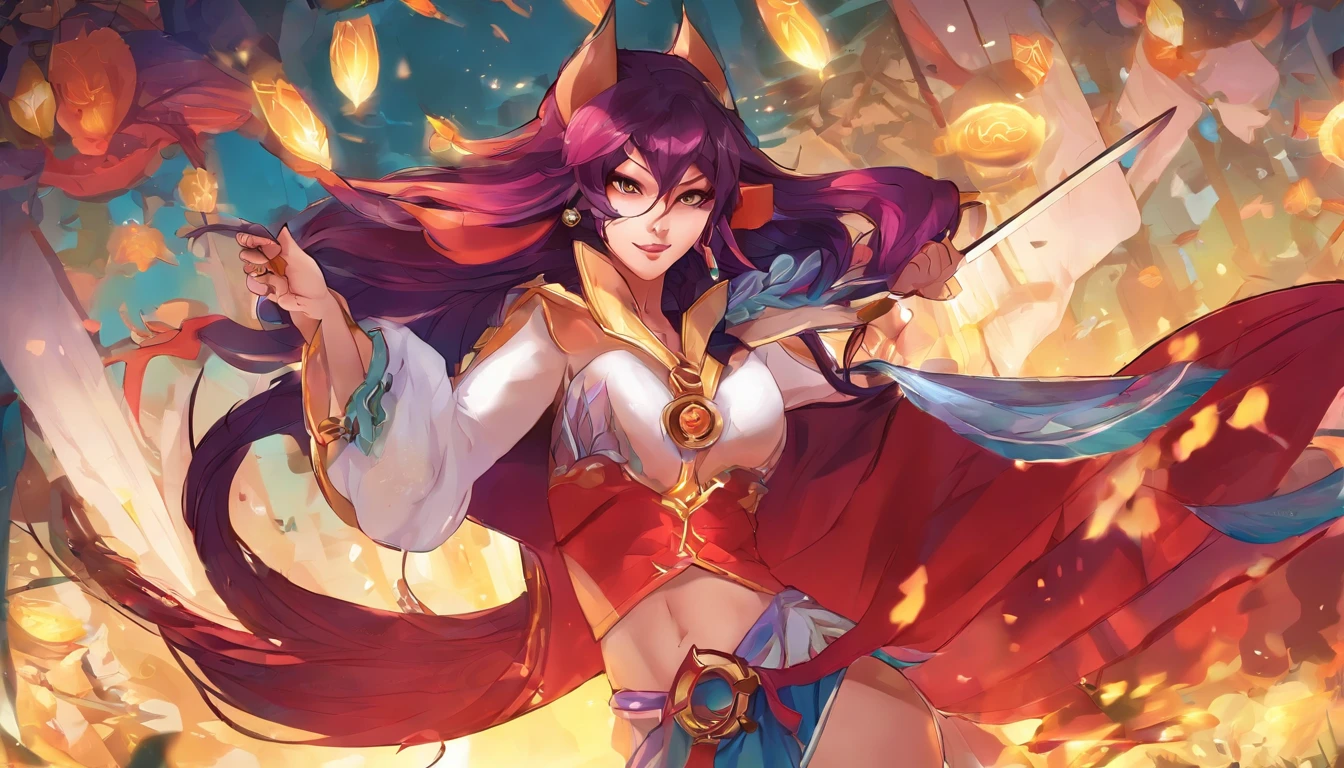 Ahri de League of Legends, foto do corpo todo, perfect hands, cabelos pretos e longos, nine fox tails on the tailbone, orelhas de raposa pretas, roupa de samurai vermelha, papel de parede, fundo em Iona, rosto sexy oriental, cabelos pretos escuros, imagem horizontal, celular