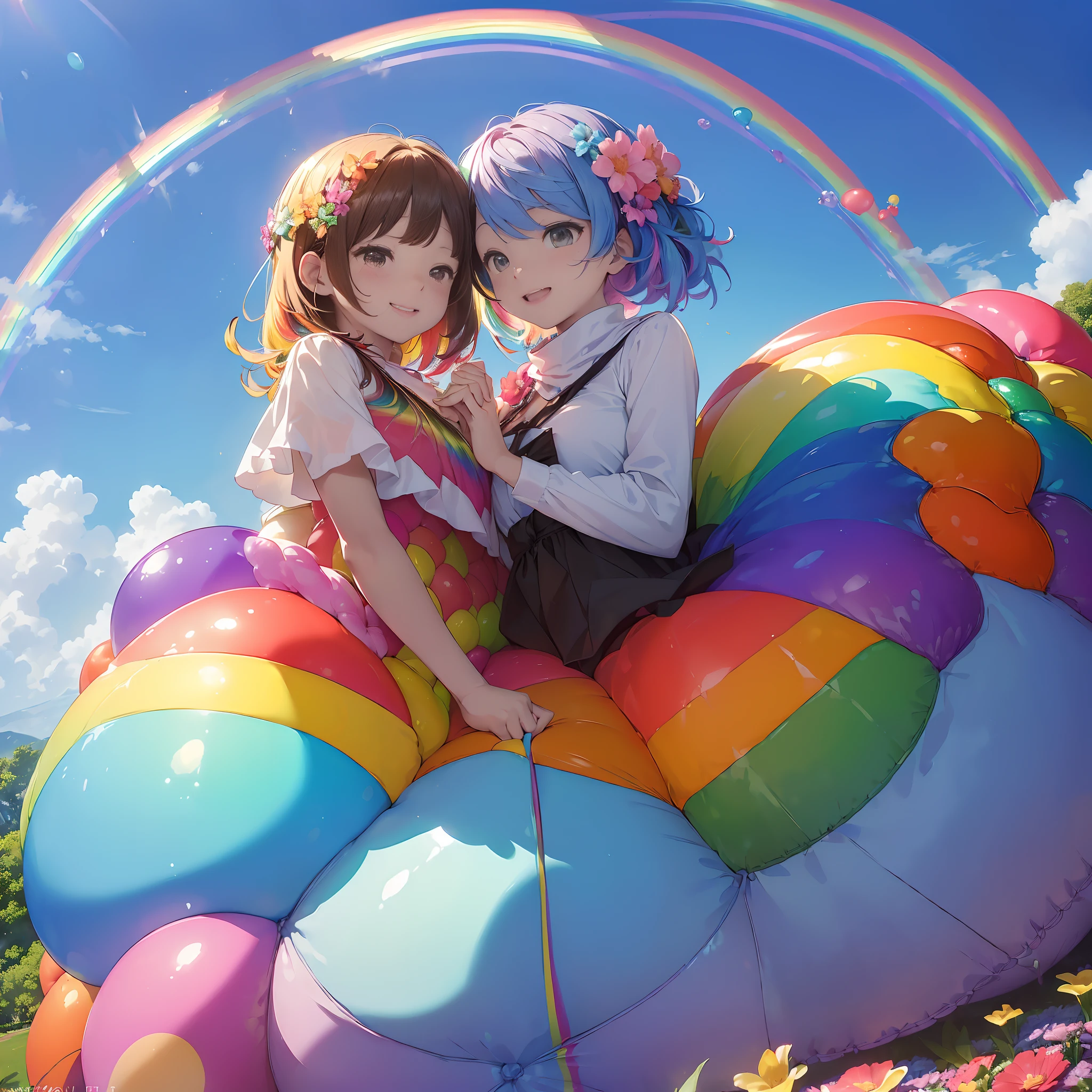 (In the morning, the sky is dyed in bright blue, with flowers in full bloom (flora:1.0). BREAK In the park, children are playing with smiles (children's emotion:1.0), and families are happily having a picnic (families' emotion:1.0). BREAK Lovers are holding hands (lovers' gesture:1.0) and talking happily (lovers' emotion:1.0). BREAK In the center of such a park, a large rainbow-colored balloon (centerpiece:1.0) is floating. BREAK Vibrant Color brings out the positive emotions in the scene by enhancing the colors (effect: Vibrant Color).:1.4)