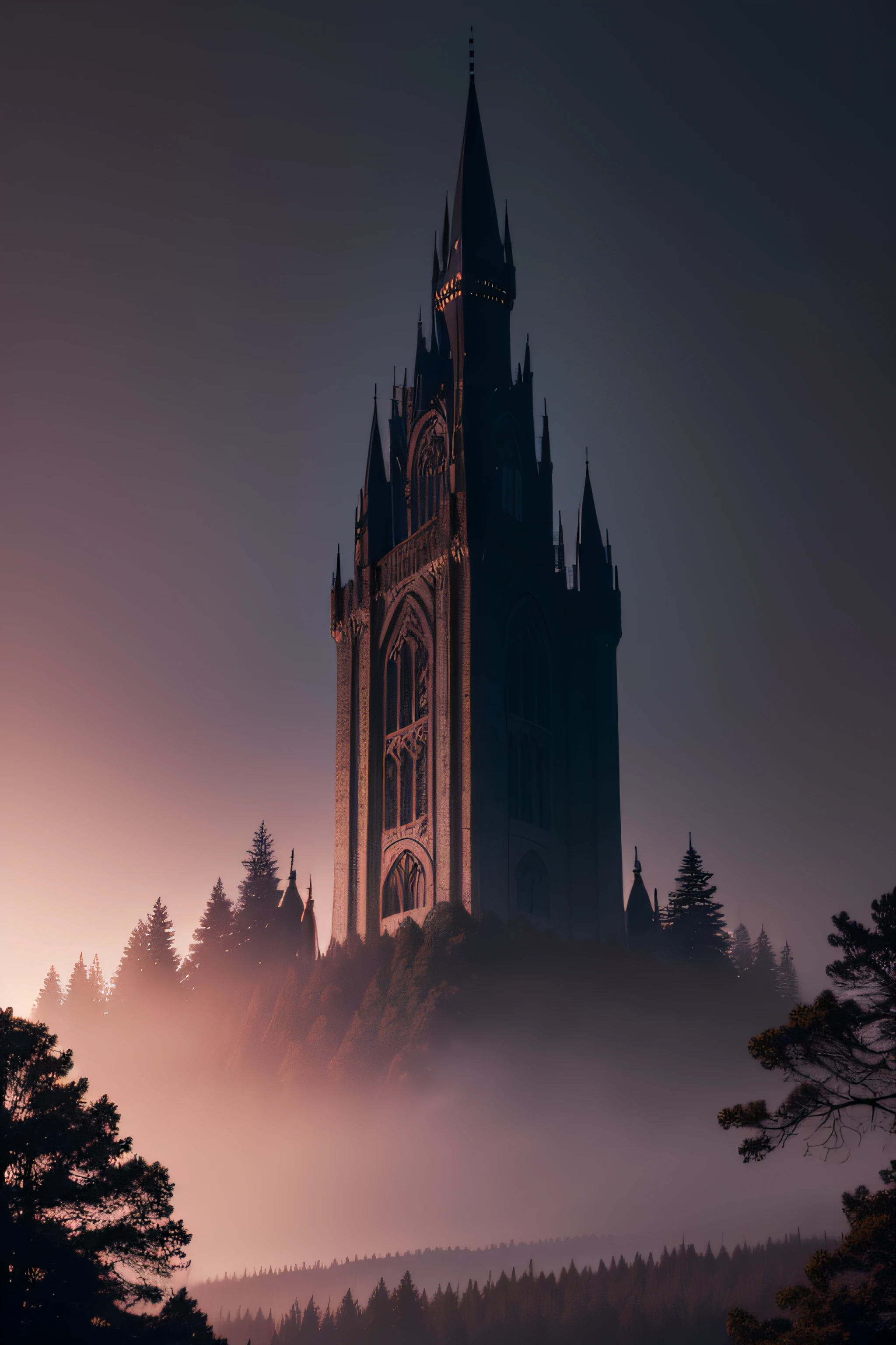 A dark and foreboding forest with towering trees and a distant silhouette of Dread Castle against a twilight sky.