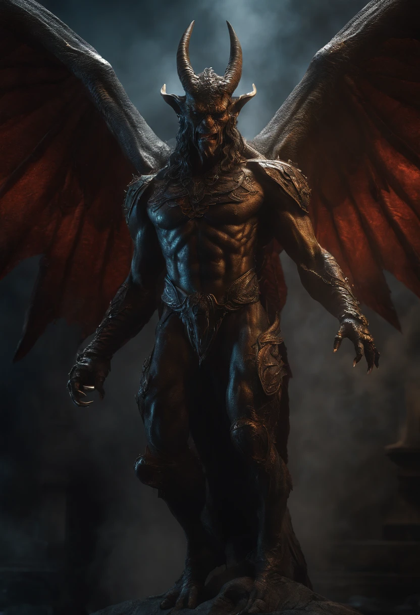 "A technological winged demon, ultra-detailed cinematic from Giovanni Strazza. Crisp depth of focus, enveloping shadows and misty mist, creating a sense of depth and drama." Accent lighting and lifelike 8K HDR colors bring the demon to life in photorealistic quality that is sure to impress. This work of art showcases Strazza's talent for creating highly detailed, ultra-realistic sculptures with a cinematic feel."
