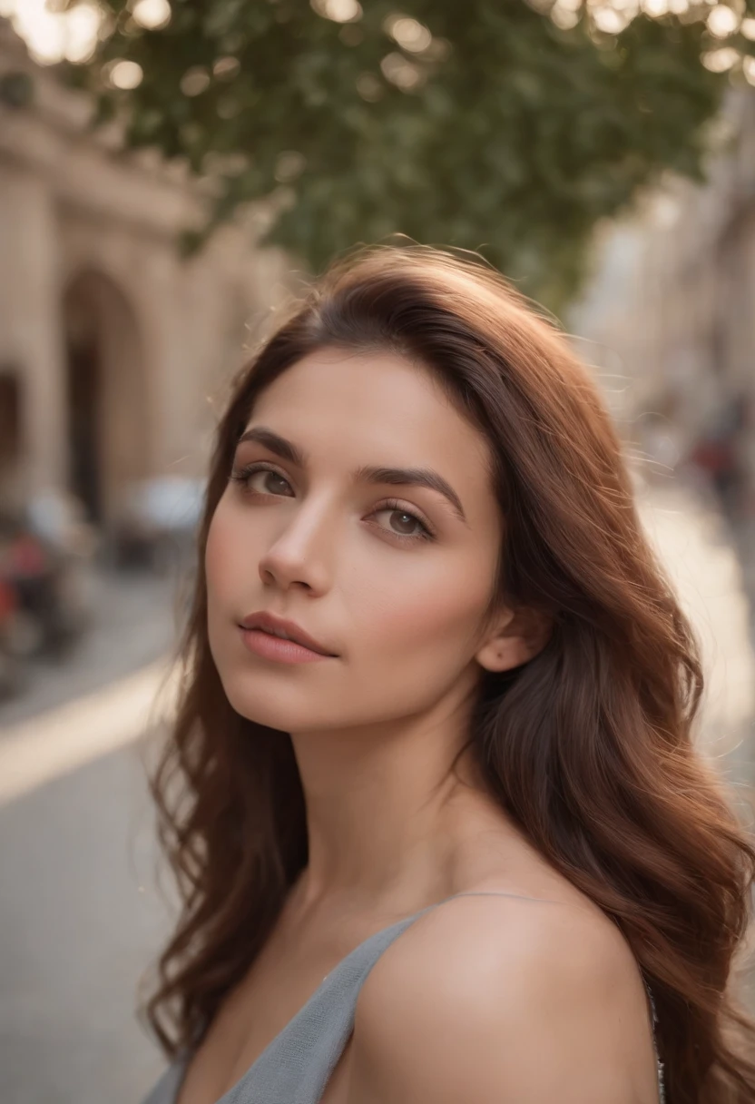 femme jeune metisse, type hispanic, cheveux longs et fluides, Photo taken slightly from afar, Realstic, in a bustling city, cinematography, Photographie prise avec Arri, Photographie prise avec Canon, Photographie prise avec Fuji, Photographie prise avec Kodak, incredibly high detailed, re sharpness, specifics, professional lighting, film lighting, 35 mm, anamorphique, Lightroom, Film tography., qui regarde au loin