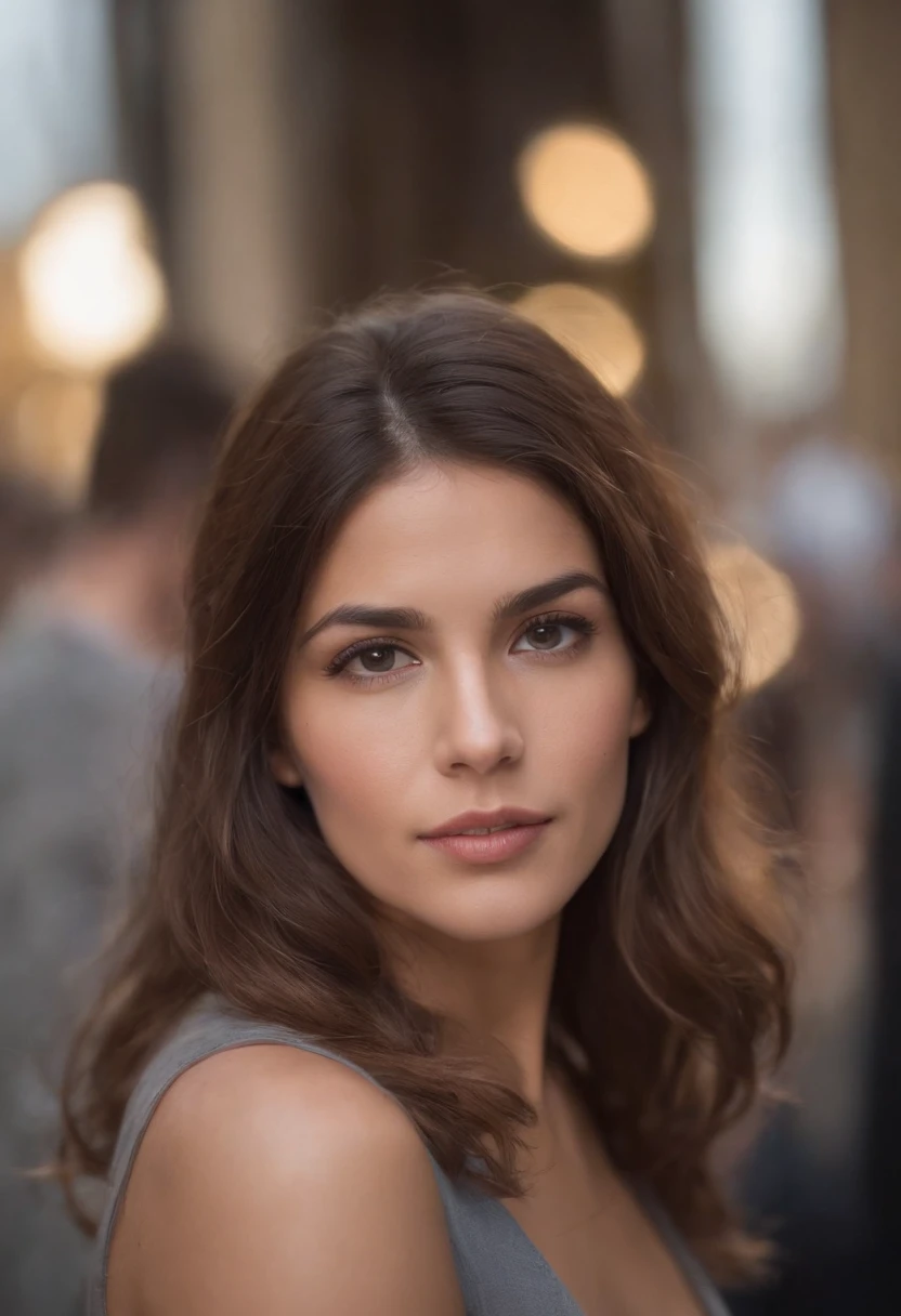femme jeune metisse, type hispanic, cheveux longs et fluides, Photo taken slightly from afar, Realstic, in a bustling city, cinematography, Photographie prise avec Arri, Photographie prise avec Canon, Photographie prise avec Fuji, Photographie prise avec Kodak, incredibly high detailed, re sharpness, specifics, professional lighting, film lighting, 35 mm, anamorphique, Lightroom, Film tography., qui regarde au loin