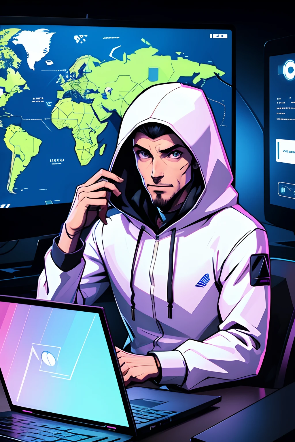 Hooded person sitting on a laptop with a world map in the background, Hacking, hacker, Capa da tecnologia, homem roubar computadores, cyber installation, hackerman, figuras encapuzadas, Cibertecnologia, Avatar dos seus dados pessoais, Cybernetic style, online, cyberwarfare, Hackrobat!!!, efeitos de Hacking, invadindo o mainframe, figura encapuzada