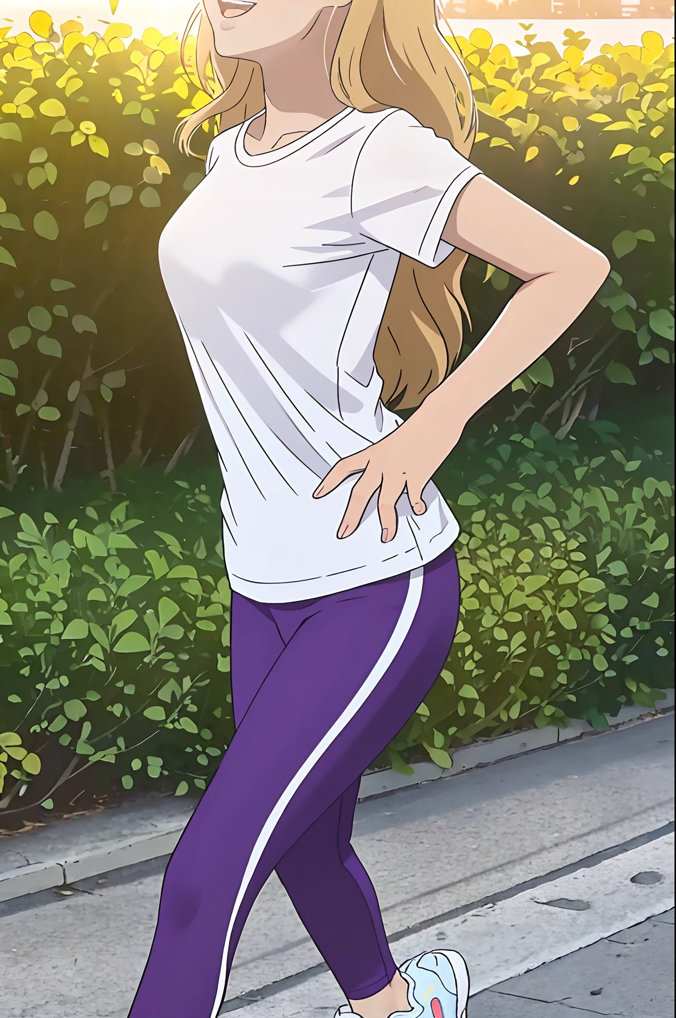 ((European pre-teen)), excited girl, white t-shirt, purple leggings, running shoes, close-up from thighs to face, shot from below, very light skin, very long hair, wavy hair, blonde hair, garden, sunrise sunset, photorealistic, indirect lighting, volumetric light, ray tracing, hyper-detailed, best quality, ultra-high resolution, HDR, 8k