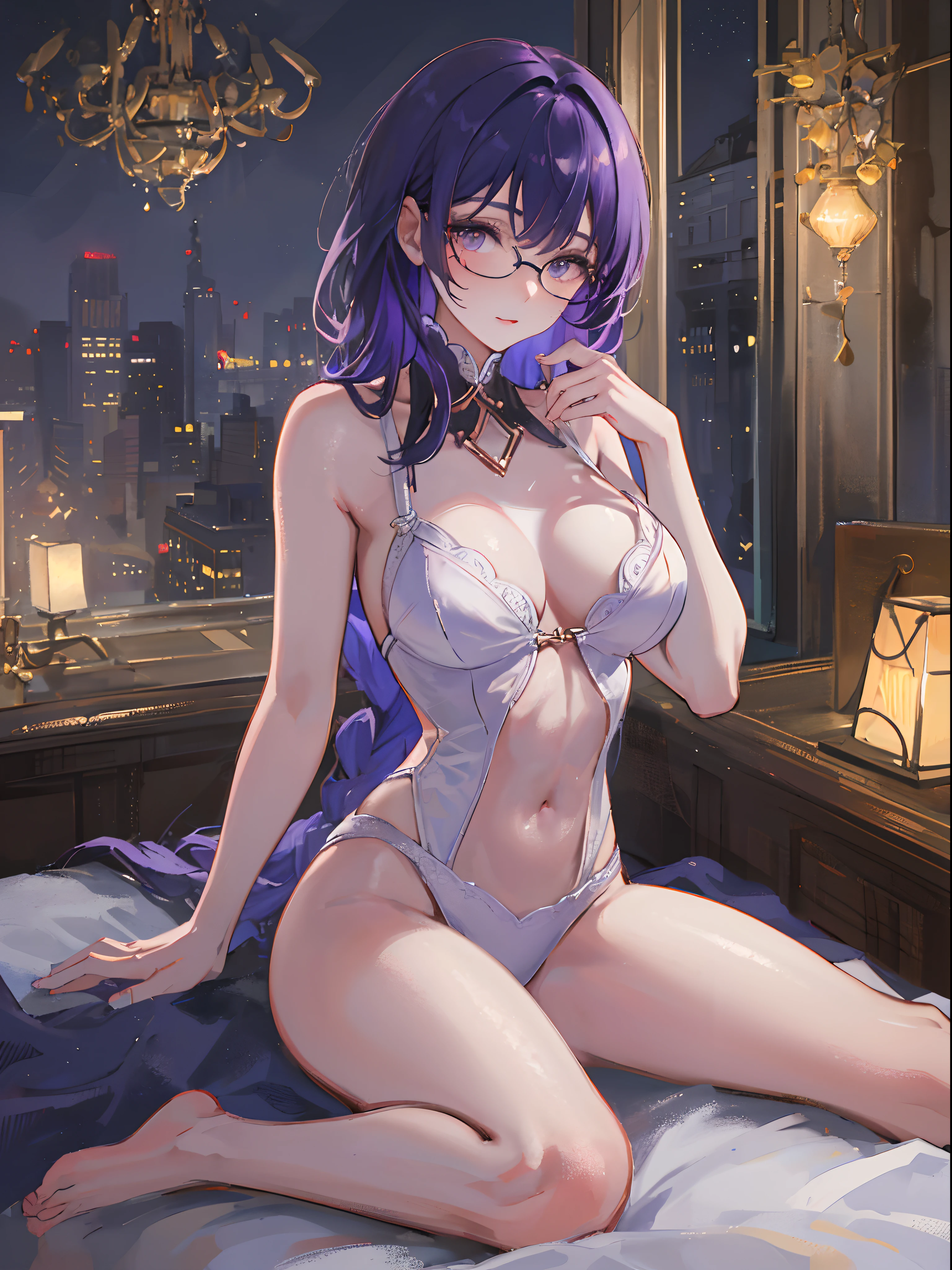 ((beautiful lighting, Best quality, 8K, Masterpiece: 1.3)), 1girl, Perfect body beauty: 1.4, Slim abs: 1.1, ((purple hair)), (White dress: 1.4), (Indoor , night: 1.1), (bed), Super Fine Face, Fine Eyes, Glasses, naughty look