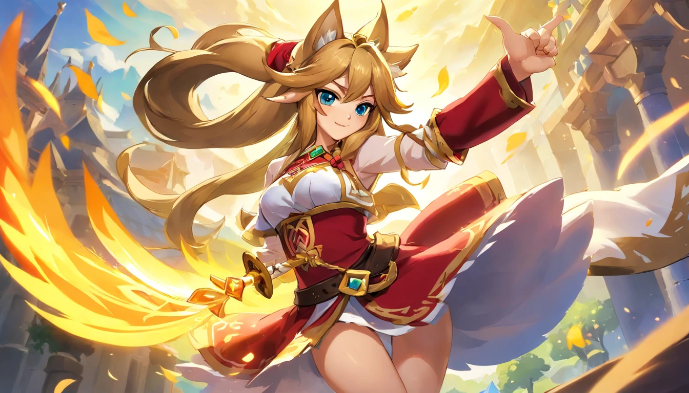 Ahri de League of Legends, foto do corpo todo, perfect hands, cabelos pretos e longos, nine fox tails on the tailbone, orelhas de raposa pretas, roupa de samurai vermelha, papel de parede, fundo em Iona, rosto sexy oriental, cabelos pretos escuros, imagem horizontal, celular