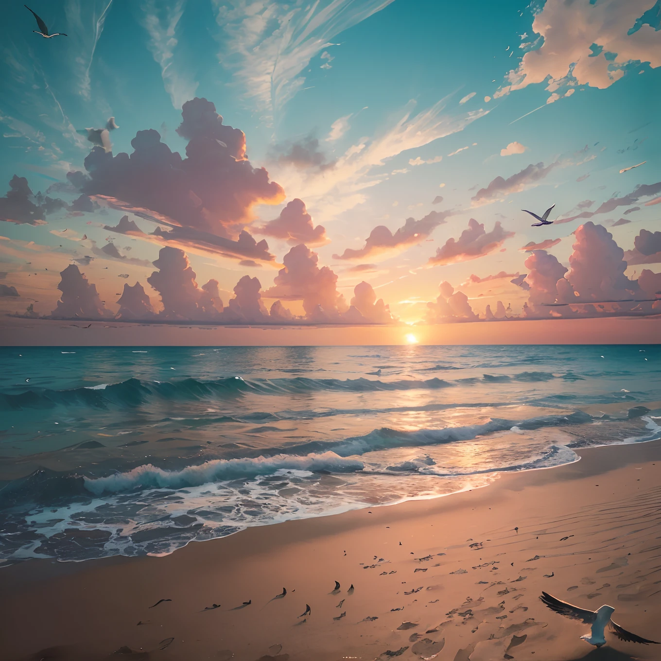 An absolutely mesmerizing sunset over an unspoiled beach, with a mix of oranges, pinks and yellows filling the sky. The crystal clear waters of the sea gently kiss the shore, with a white sandy beach stretching far and wide. The scene is dynamic and breathtaking, with seagulls flying high in the sky and palm trees gently swaying. Enjoy the relaxing atmosphere and let the peace flood you. --auto --s2