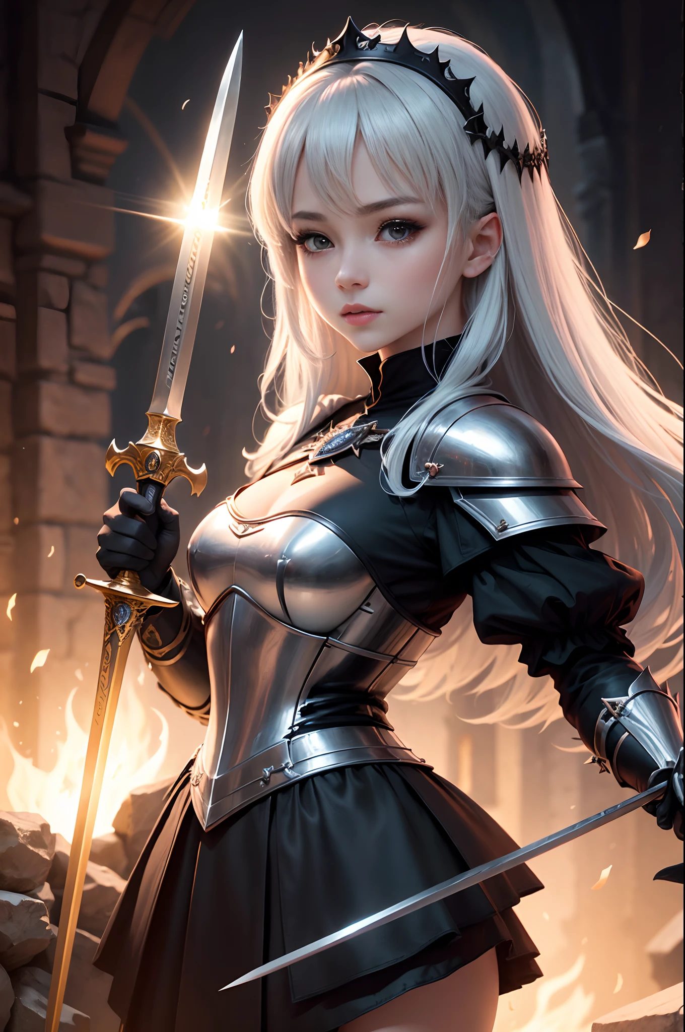 8K,Dressed in a witch's costume with a bright wand、Holy Knight with a Big Sword、(Face like the real thing)Dark Fantasy Female Holy Knight、Portrait of the Holy Knight、Beautiful female holy knight、Charming Female Holy Knight、Holy Knight with a Sword、Holy Knight Character Beautiful expression 超A high resolution real looking skin