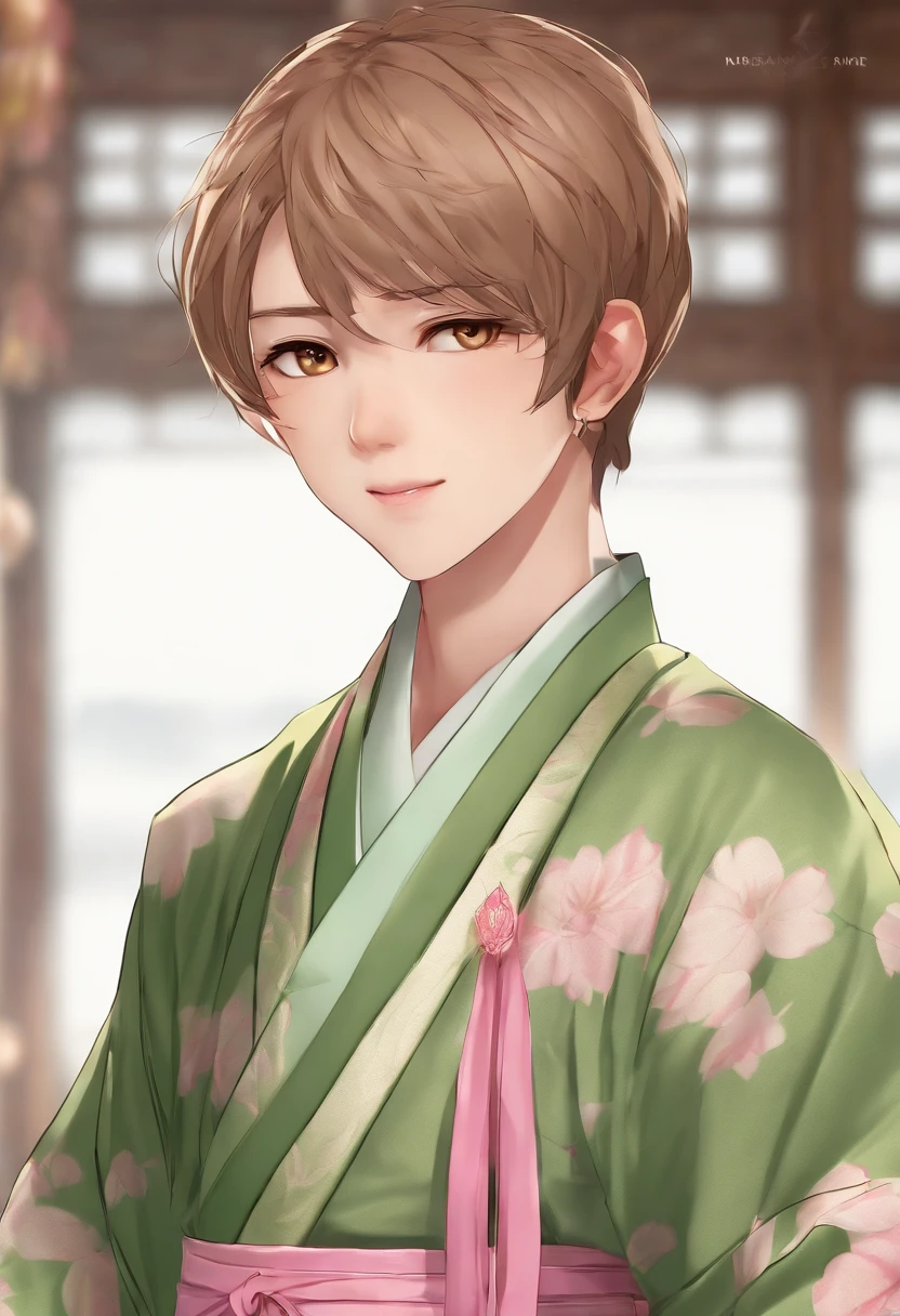 (Best quality:1.5), (Ultra Highres) (2.5D). (Name: Din Takanashi), (Character model), (Character sheet), (Clothing: Green kimono with pink details, matching pants), (Age and gender: 14-year-old boy), (Pants: Pink kimono pants), (Shoes: Training boots), (Expression: determined and nervous), (Posture: persistent), (Hair: Brown with a low, short cut), (Eyes: Light brown), (Facial details: Freckles), (Angle: All angles), (Action: Running determinedly desperate).