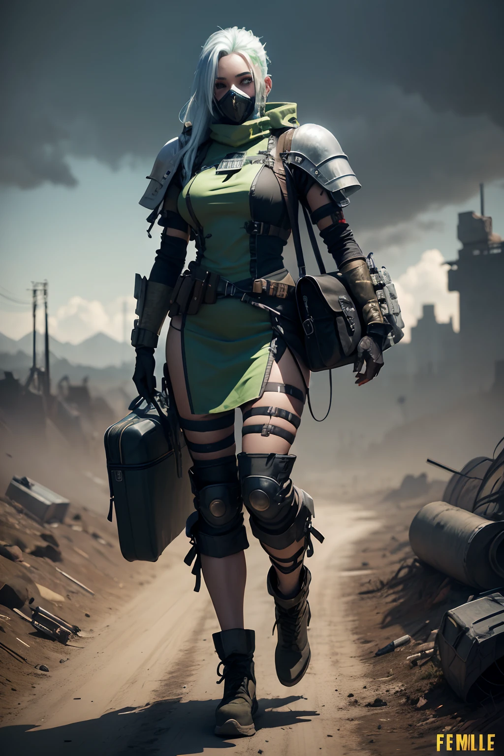 femele，Field medics，Doomsday wasteland style，cyber punk style，The styling is exaggerated，The costumes are colorful，Carrying a medical bag on both shoulders，Full body photo，Game characters，white backgrounid，The background does not have any color