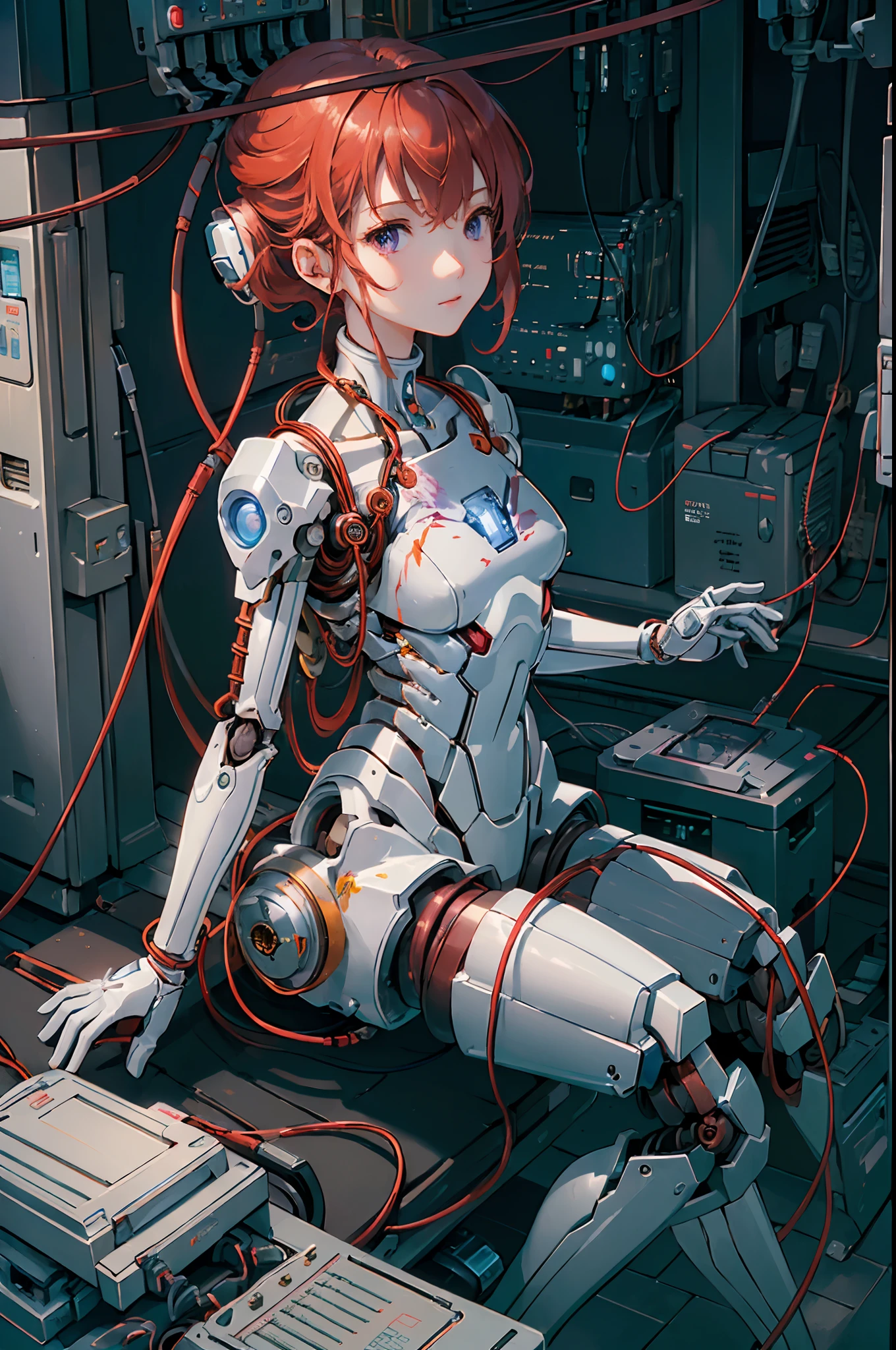 (((masterpiece))), (((best quality))), ((ultra-detailed)), (highly detailed CG illustration), ((an extremely delicate and beautiful)),(cute delicate face),cinematic light,((1mechanical girl)),solo,full body, (red hair), purple eyes, (machine made joints:1.4),((machanical limbs)),(explosed muscles),(blood vessels connected to tubes),(a brain in container:1.3),((mechanical vertebra attaching to back)),((mechanical cervial attaching to neck)),((sitting)),expressionless,(wires and cables attaching to head and body:1.5),small breasts,short hair,(character focus),science fiction