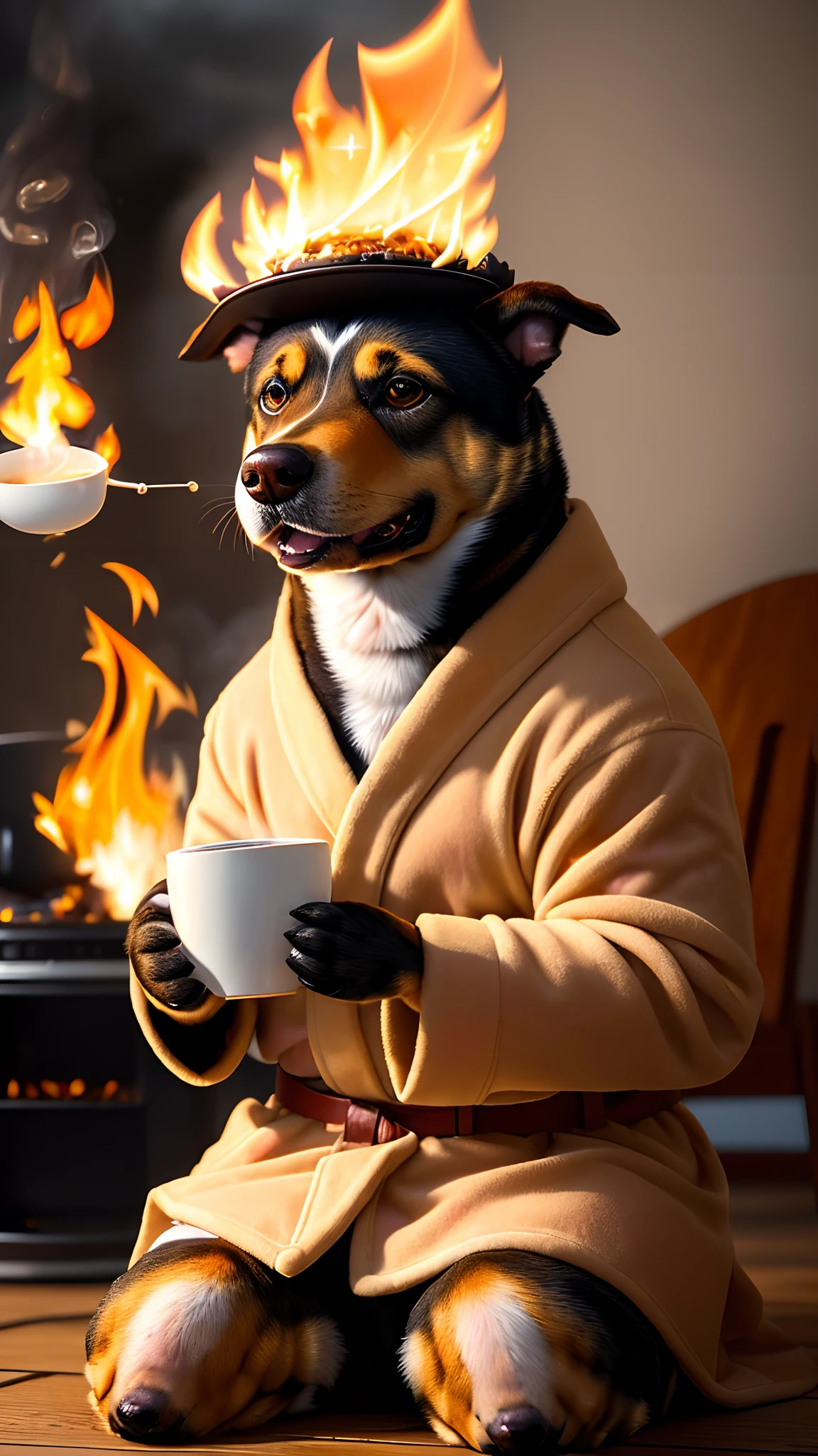 (best quality:1.23), (masterpiece:1.12), (realistic:1.24), (anthropomorphic dog:1.5) holding a coffee cup, sitting, in a robe, eating breakfast and holding a coffee cup, hat, particles, volumetric lighting, room burn down, ground and chair on fire, lots of gadgets and equipment on fire, smoke, (flames all around:1.2),