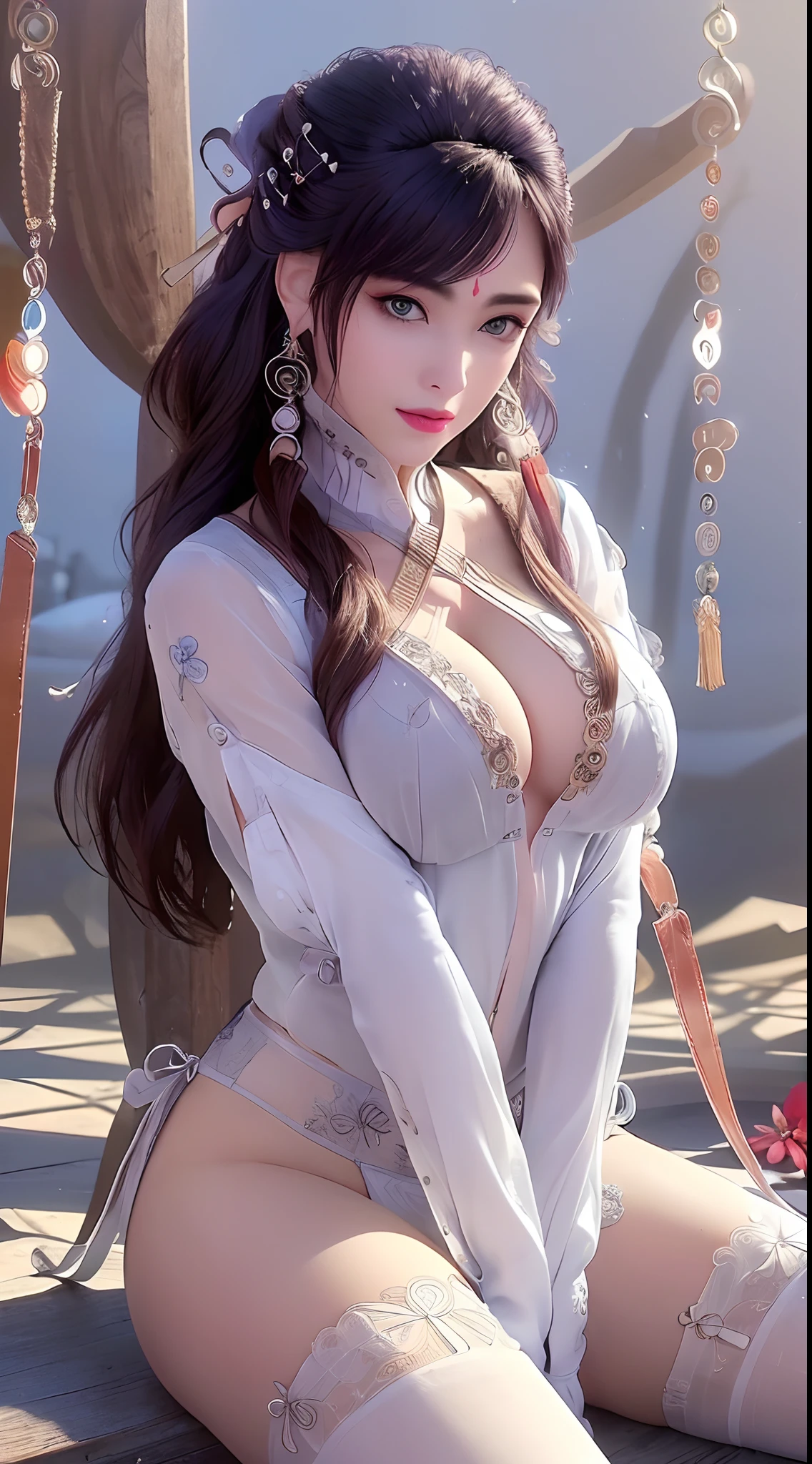 (((1 beautiful girl Wear super sexy invisible no colorlingerie:2))), ((Girl wearing sexy white thong underwear:2)), super beautiful nipple, style naked, ((wearing white stockings with sexy invisible patterns:2)), ((long black hair:1.8)), bangs, elaborate jewelry made from precious stones and beautiful hair, the noble, noble style of an extremely girl beautiful, very pretty and lovely face, ((bright face:1.2)), very pretty face, thin eyebrows, eyes are so beautiful and perfect, flawless beautiful face, ((black pupil: 0.8)), very beautiful eyes, ((eyes silver: 1.5)), ((light purple eyeshadow makeup is very attractive and devilish:1)), beautiful makeup and detailed hairdo, eyelashes, steamy eye makeup, high nose, earrings, plump red lips, beautiful and balanced lips, ((closed mouth: 1.5)), slim hands, beautiful thighs best, ((Sitting position, chest puffed out and arms behind: 1.6)), ((unbutton the girl's shirt:1.6)), ashamed, rosy face, clean face, flawless beautiful face, smooth white skin, (big breasts: 1.3)), ((high breasts: 1.6)), firm breasts, beautiful cleavage, (((big and super round breasts: 1.5))), ((super tight breasts: 1.5)), beautiful breasts, busty breasts, perfect body, thrust your chest forward, 8k photo, super high quality, hyper realistic, super 10x pixels, optical, studio bright, edge bright, two-tone lighting, (high detail skin: 1.2), super 8k, soft light, high quality, volumetric light, optical, high resolution optical, light, best photo, 8k quality, smooth sharpness, (((bright white skin, super bright background: 1.2))), (((super bright skin:1.5))), bright colors harmonious light, ((red flower background:1.5)), aurora, lightning, surreal graphics, most realistic graphics, alone, solo, Extremely sharp, surreal images, look at the beautiful girl's body, (((frontal portrait: 1.2)))."