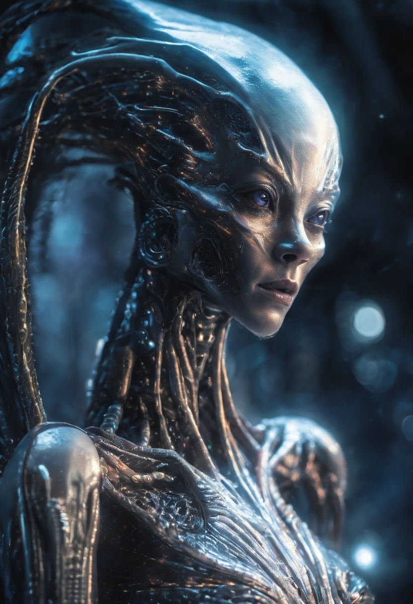 fantchar, a translucent ethereal alien with delicate features in a sci-fi setting, glowing from within, sparks and lights, moonlight, moon, close-up, realistic, highly detailed, intricate, naked woman