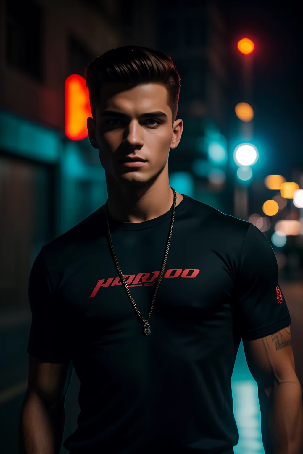 Homem branco de Arafed, 18 anos com cabelo loiro de corte curto no meio de uma rua, hero pose, Retrato Mid Shot, promo ainda, promocional ainda, zac retz, Tiro na Canon EOS R5, Tiro na Canon EOS R 5, cinematic moody lighting, Raphael Personnaz, fotografia editorial, Alexandre Rostov, Ainda de Riverdale, Retrato tirado 8 K, Cyberpunk Negro, ultra realistic, Neon light, modelo de fotografia, Foto RAW, DSRL