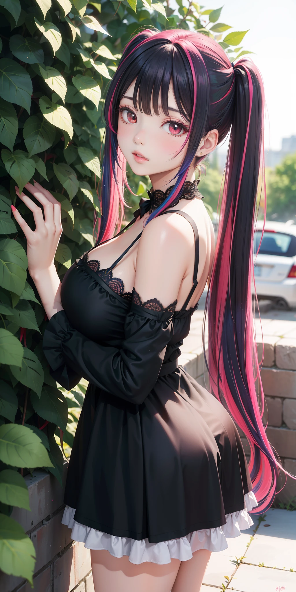 Big breasts, ((1 beautiful girl)) ((colorful hair with long pigtails)) ((degrader effect on hair color)), flowing hair, red eyes, light effect on the eyes, sexy green open dress with frills at the edges, parted lips, blush, ((hyper detailed, ultra full HD, superior quality, perfect lighting)) night, climbing rose bushes, sun, sunlight, big breasts, leaning against the wall where rose bushes are, her beauty is that of a goddess of love , she is also a prostitute