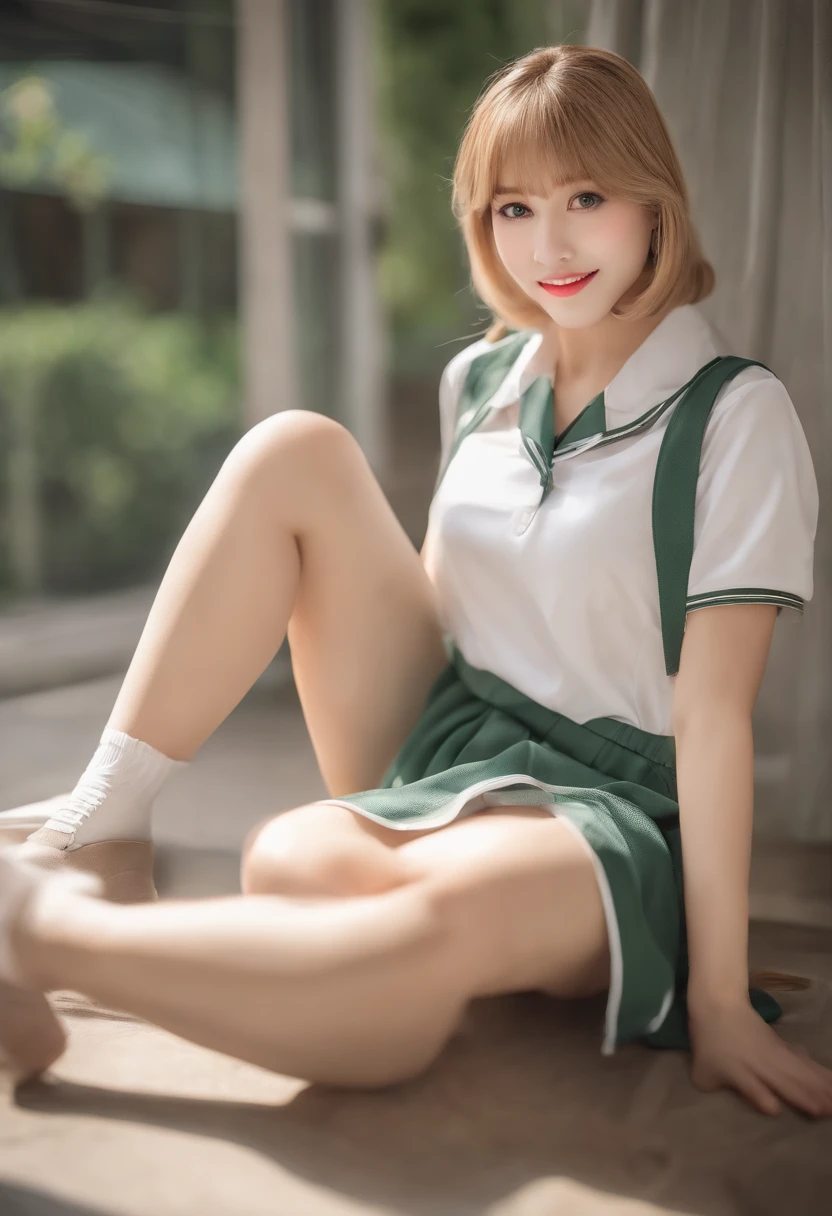 (Masterpiece:1.2, Best quality), (Real picture, Intricate details), 1lady, Solo, Sitting down, show legs, expose feet, Show the sole, Long hair, minimal makeup, Natural fabrics, close-up face, Fake smile, mischievous face, Bare feet, Feet in front of the camera, Long light platinum blonde hair, bangs, Korean bangs, Bangs on the forehead, Green eyes, school uniform, School T-shirts, school skirt, Pleated skirt, Big breasts, to the, Mature body, Mature face, Detailed face, Correct foot anatomy, Foot anatomy, Sexy feet, Feet pointing to the audience, Foot, A sole, Detailed feet, Correct foot anatomy, A sole, Sitting down.