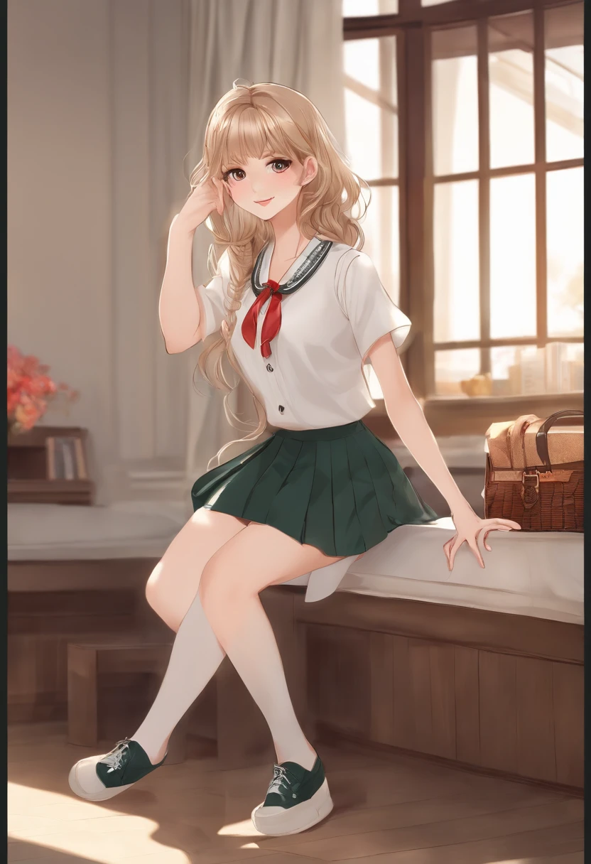 (Masterpiece:1.2, Best quality), (Real picture, Intricate details), 1lady, Solo, Sitting down, show legs, expose feet, Show the sole, Long hair, minimal makeup, Natural fabrics, close-up face, Fake smile, mischievous face, Bare feet, Feet in front of the camera, Long light platinum blonde hair, bangs, Korean bangs, Bangs on the forehead, Green eyes, school uniform, School T-shirts, school skirt, Pleated skirt, Big breasts, to the, Mature body, Mature face, Detailed face, Correct foot anatomy, Foot anatomy, Sexy feet, Feet pointing to the audience, Foot, A sole, Detailed feet, Correct foot anatomy, A sole, Sitting down.