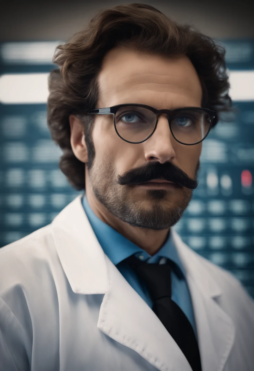 (Rosto superdetalhado, realistic lighting, vivid colors, High resolution painting:1.1), genie, physics, quadro-negro, messy hair, olhar intenso, Iconic pose, velho, White lab coat, Iconic mustache, rugas profundas, olhos penetrantes, wise expression, Scientific equations, Historical Figure, Mathematical formulas, Resumo Antecedentes, scientific discovery, revolutionary scientist, holding on medical pill blue