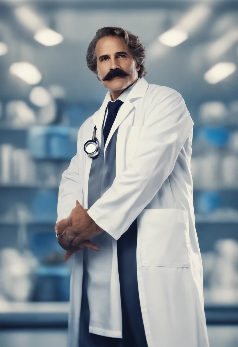 (Rosto superdetalhado, realistic lighting, vivid colors, High resolution painting:1.1), genie, physics, quadro-negro, messy hair, olhar intenso, Iconic pose, velho, White lab coat, Iconic mustache, rugas profundas, olhos penetrantes, wise expression, Scientific equations, Historical Figure, Mathematical formulas, Resumo Antecedentes, scientific discovery, revolutionary scientist, holding on medical pill blue