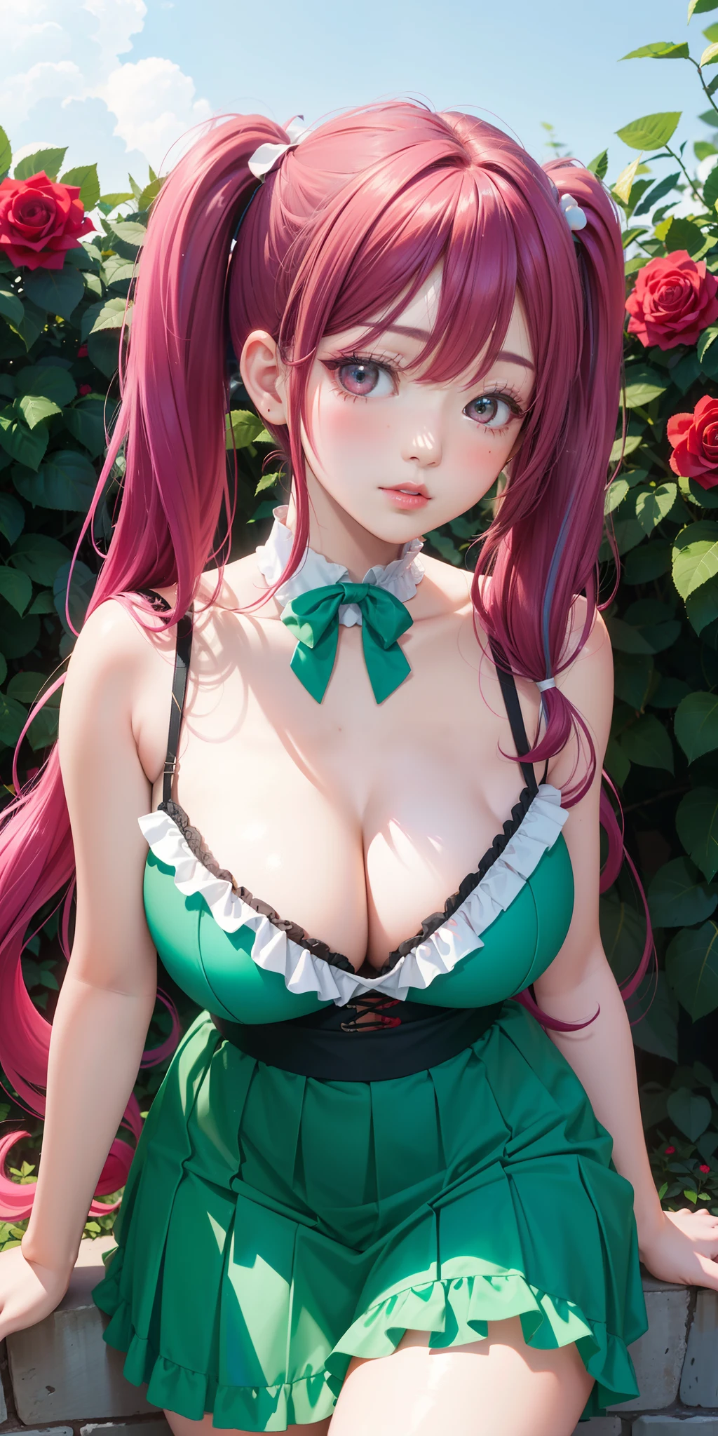 Big breasts, ((1 beautiful girl)) ((colorful hair with long pigtails)) ((degrader effect on hair color)), flowing hair, red eyes, light effect on the eyes, sexy green open dress with frills at the edges, parted lips, blush, ((hyper detailed, ultra full HD, superior quality, perfect lighting)) night, climbing rose bushes, sun, sunlight, big breasts, leaning against the wall where rose bushes are, her beauty is that of a goddess of love , she is also a prostitute