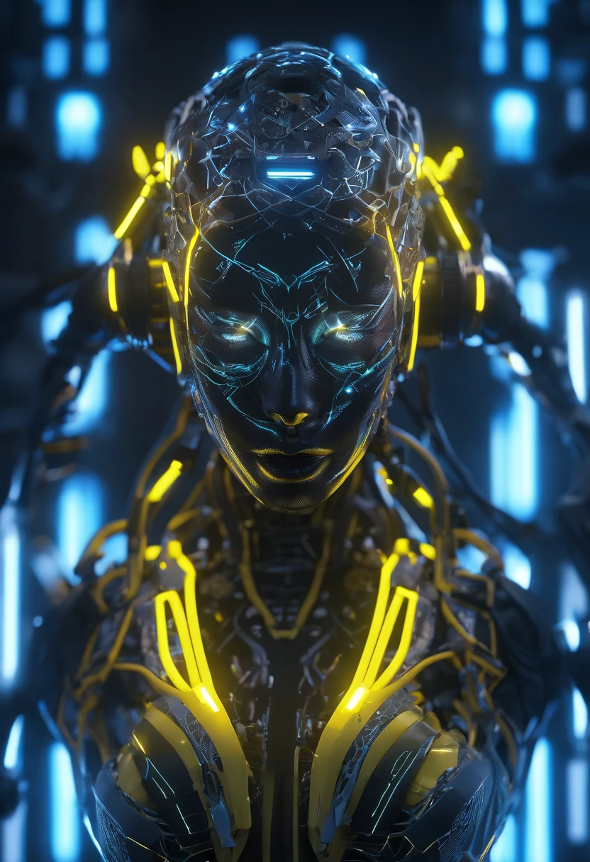 Hyper realistic photo, White female robot Goddess Gaia (((attached ti a electronic tree of life))), (((Yellow neon highlights))), Electronic Systems On-Head Humanoids, Detailed Brain in Sight, Detailed connection wire, mechanical limbs, tubes connected to the mechanical parts, mechanical vertebrae attached to the spine, mechanical cervical attachment to the neck, wires and cables connecting to the head, (((Led on a surgical Bed))), (((Cables Connecting to Monitors))) | Biopunk | Cybernetics | Cyberpunk | Purple Neon | Canon M50| 100mm| Sharp Focus | Hyperrealism | Very detailed| Intricate Details | Full Body View, small glowing LED lamps, Bright Blue Highlights, global lighting, deep shadows, Octane Rendering, 8K, Ultra Sharp, Metal, Intricate Ornament Details, baroque details, Very intricate details, realistic light, CGSoation trend, facing the camera, neon details, (android manufactory in background)