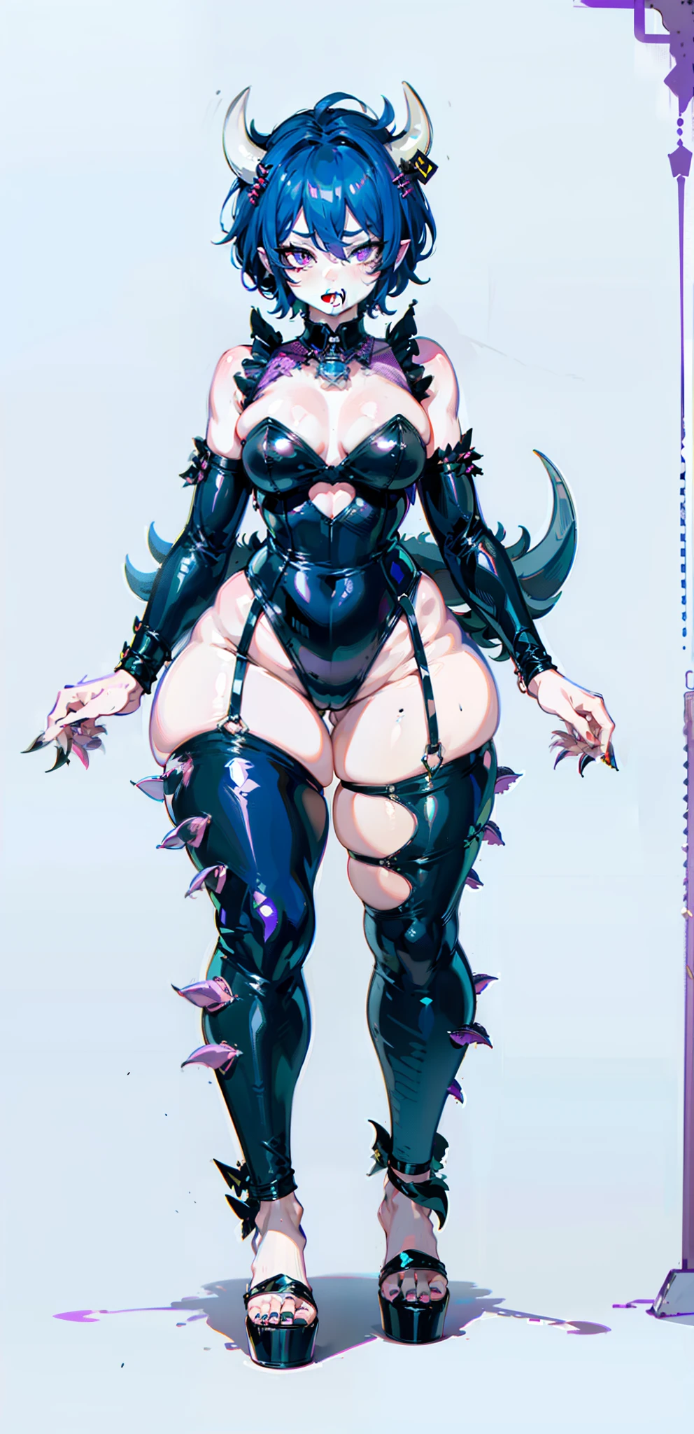 Femboy, Short Blue Hair, Purple Eyes, Thick Thighs, Large Buttocks, Sharp Teeth, Large Cow-like Horns, Black Spots, Cute cow Tail, Tough Skin, Extendable/Retractable Primary Teeth, sharp teeth, cow skin, sharp fangs, stripper clothing, hooves, claws, male, femboy, femboi, pale white skin, (no_boobs: 1.9), (breastless: 1.9), (very small_chest: 1.9)