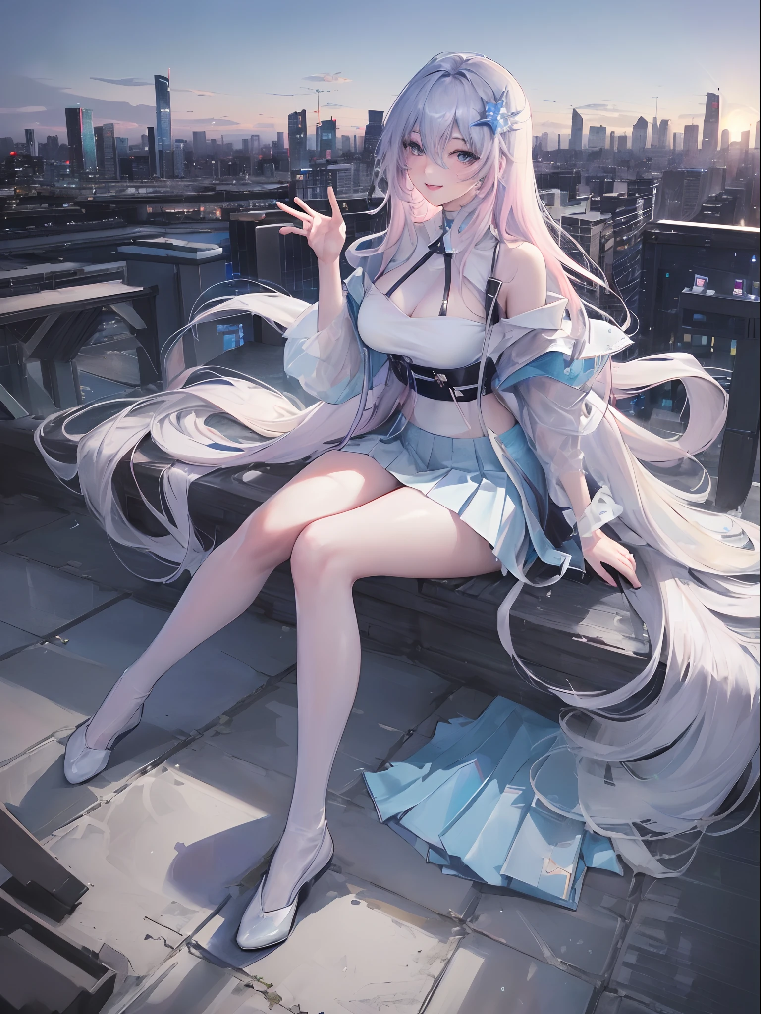 official art, masterpiece, sharp focus, (beautiful gorgeous cute Korean woman:1.3), (beautiful cute korean:1.3), korean beauty, Delicate and beautiful hair and eyes and face, realistic, ultra detailed, beautiful girl, blue sky, glow white particle, (sidelighting:1.2), sun light, white cloud, detailed clouds, slender, Lovely very large breasts and very large hips, smile with teeth, ((smile with eyes, open both eyes)), scenery, long straight hair, sexy facial expression, building, Los Angeles, (cityscape:1.7), dynamic hair, long straight hair, detailed platinum pink hair, glow blue eyes, (blue pleated shirts + white skirt), white long socks, pale skin, hair ornament, epic scenery