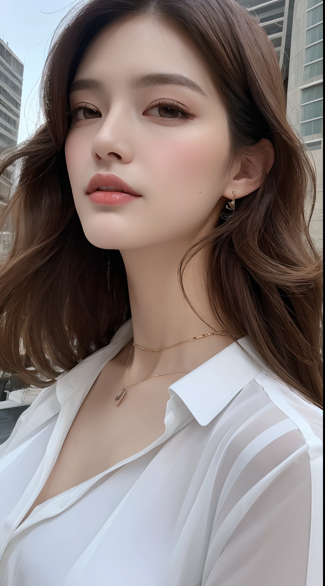 (Best quality, High resolution, Masterpiece :1.3), A tall and pretty woman, Slender abs, Dark brown hair styled in loose waves, Breasts, Wearing pendant, White button up shirt, Belt, Black skirt, (Modern architecture in background), Details exquisitely rendered in the face and skin texture, Detailed eyes, Double eyelid
