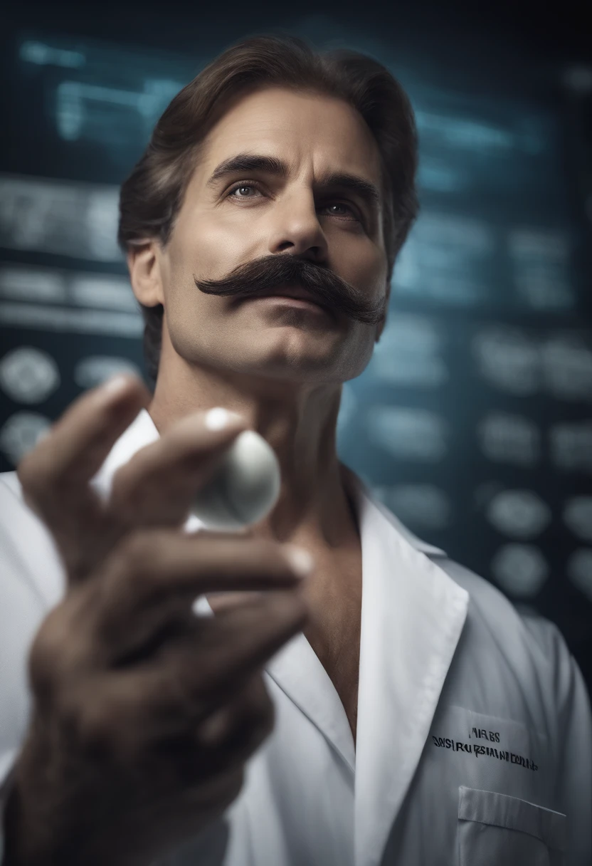 (Rosto superdetalhado,corpo inteirio, realistic lighting, vivid colors, High resolution painting:1.1), genie, physics, quadro-negro, messy hair, olhar intenso, Iconic pose, velho, White lab coat, Iconic mustache, rugas profundas, olhos penetrantes, wise expression, Scientific equations, Historical Figure, Mathematical formulas, Resumo Antecedentes, scientific discovery, revolutionary scientist, holding on medical pill blue